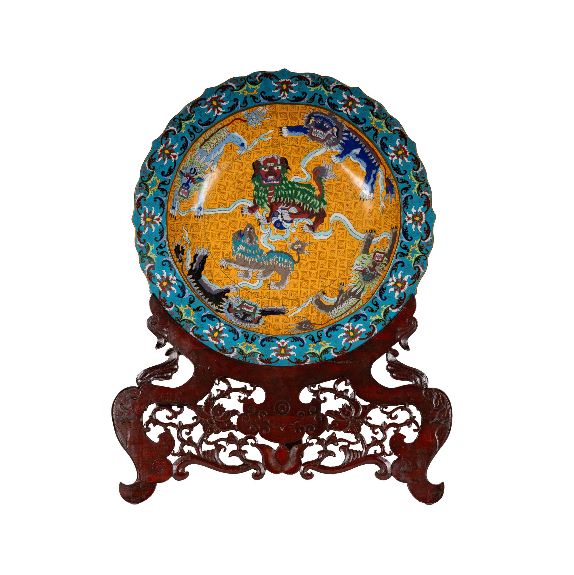 Chinese Cloisonne Charger on Carved Wood Stand