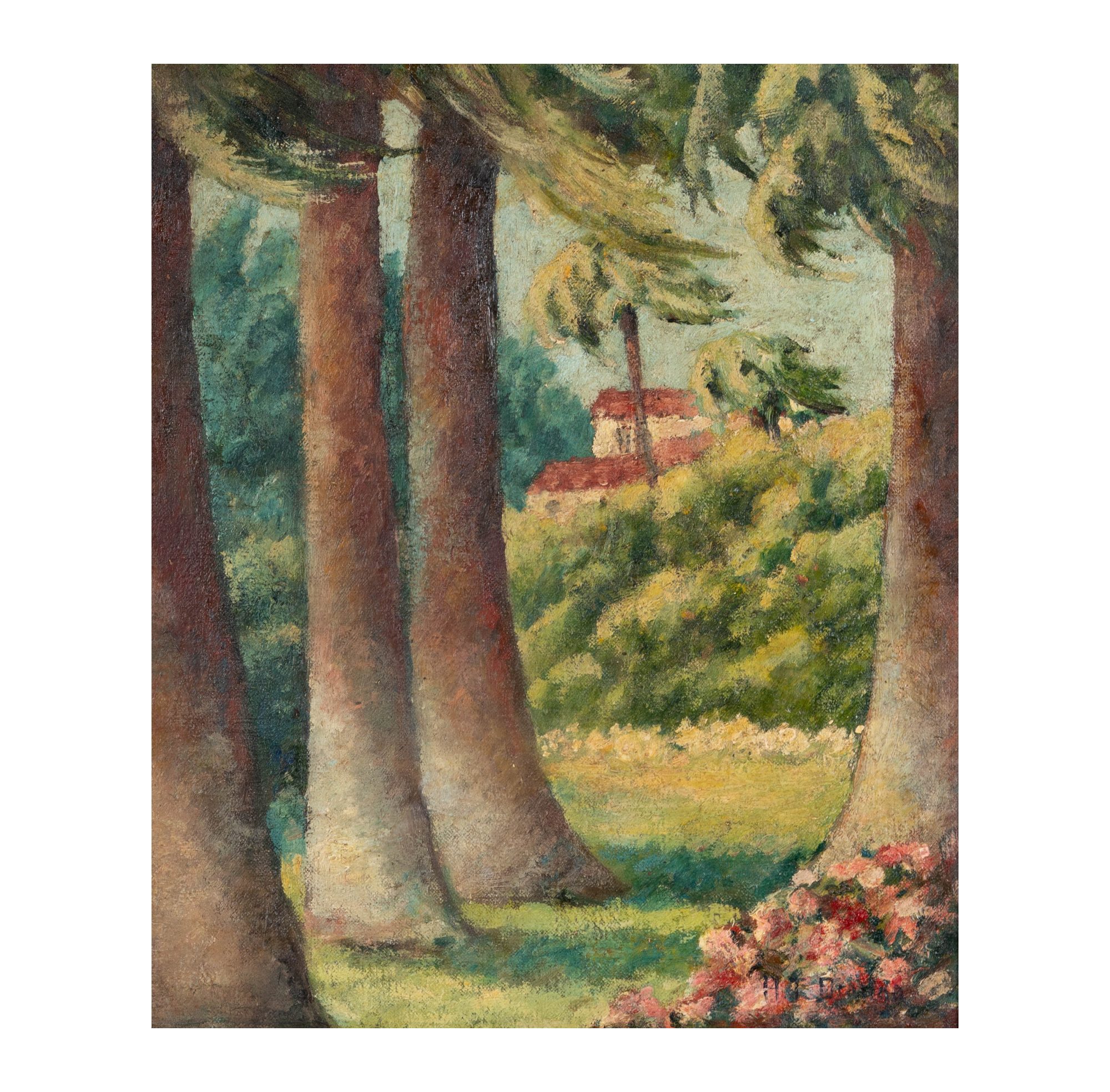 Helen Dranga, Trees and House, Oil on Board