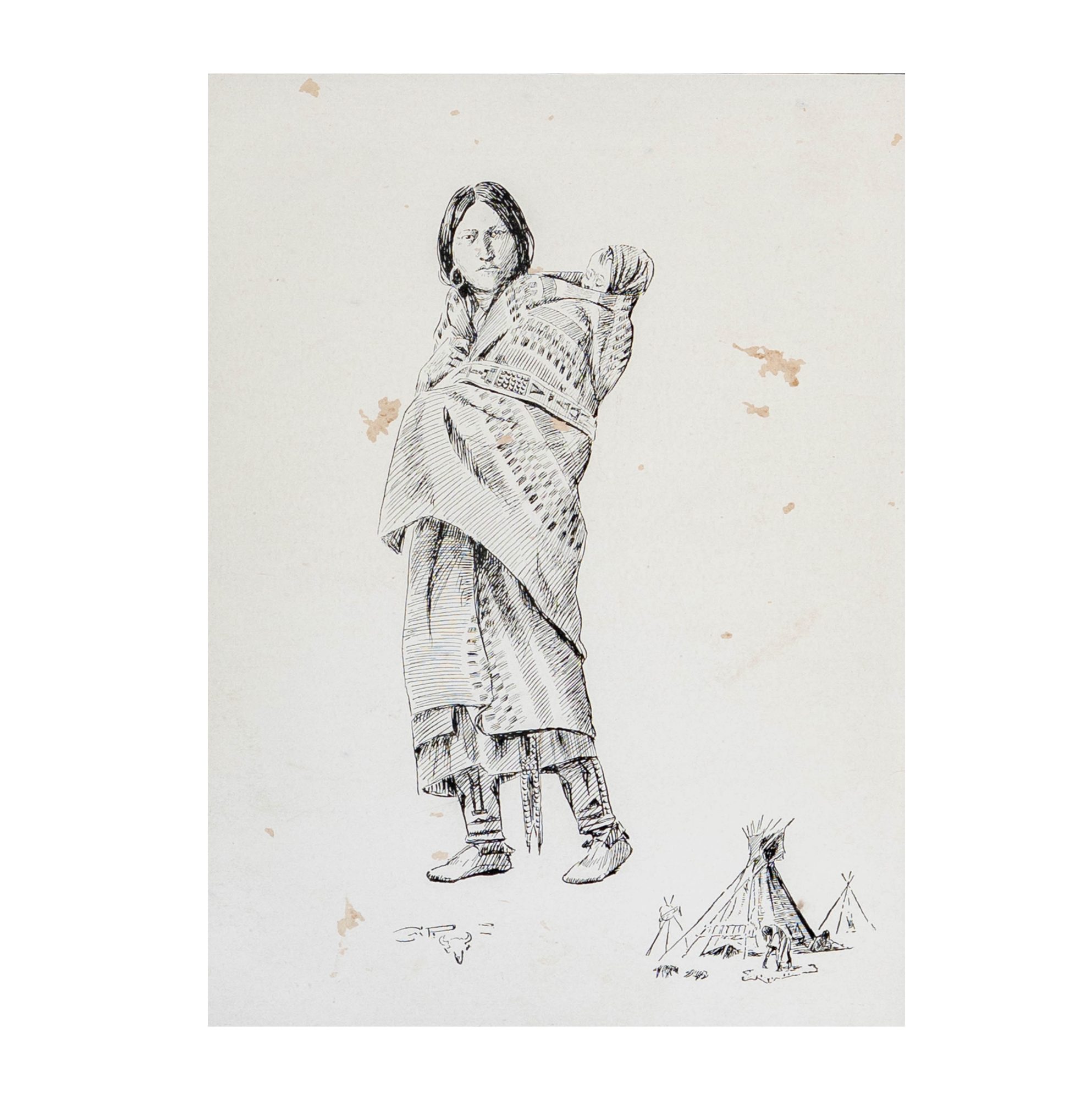 Native American Woman with Child, Ink Drawing
