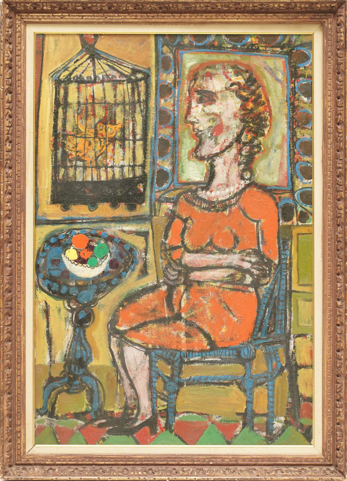 Jonah Kinigstein (American, b.1923), Woman with Birdcage and Fruit