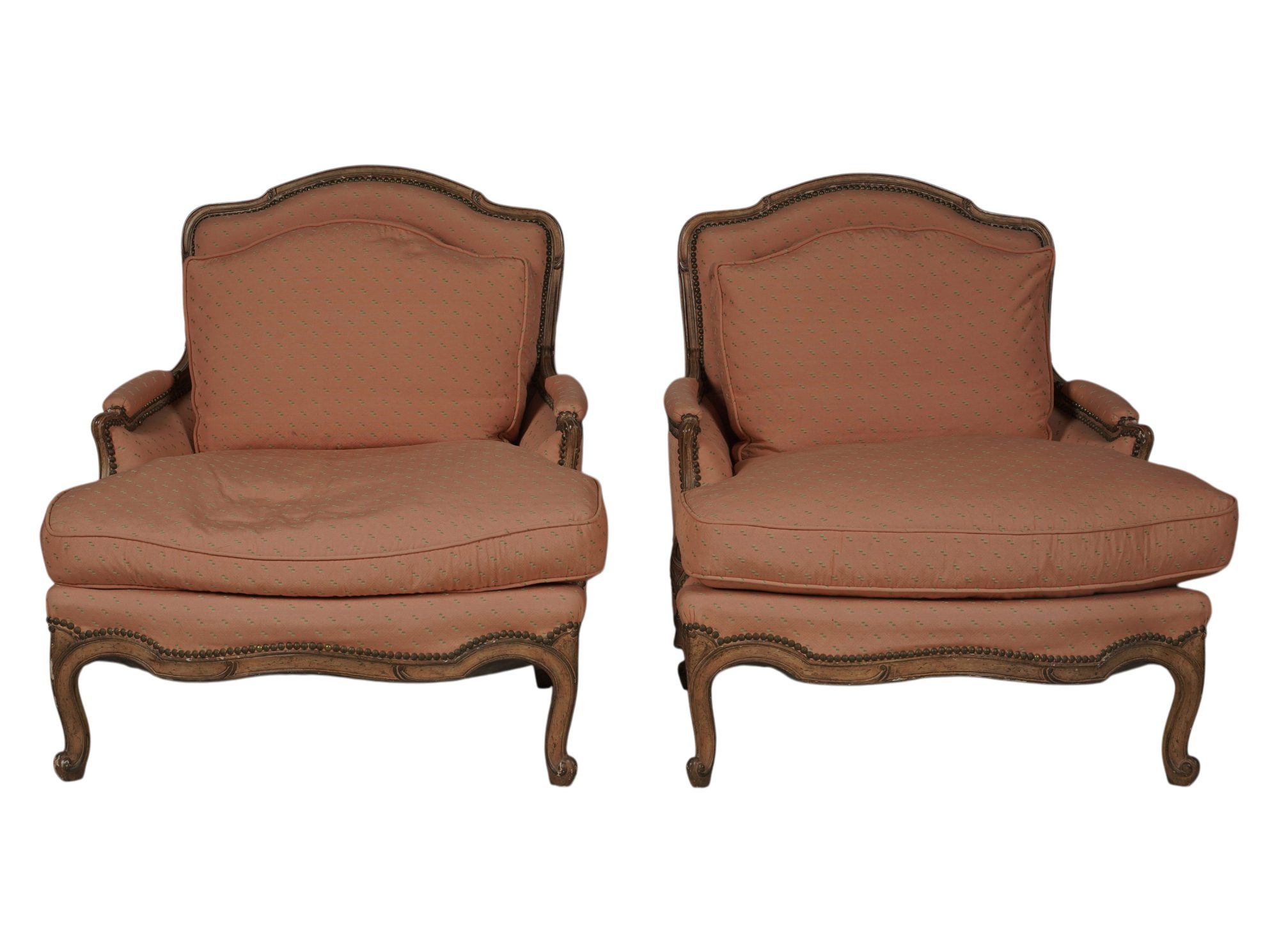 Pair of Pink Upholstered French Provincial Bergeres