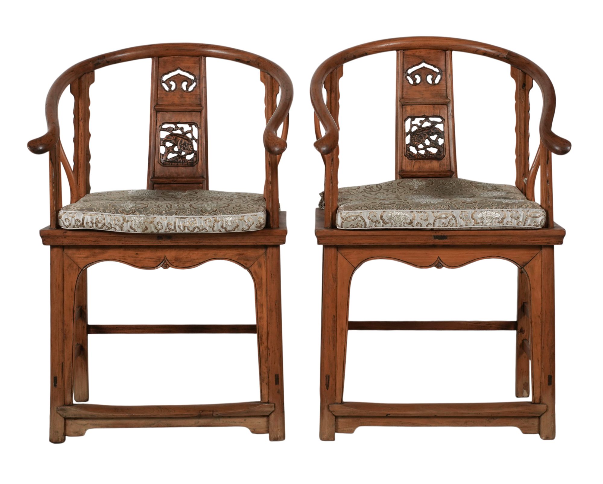 Pair of Chinese Carved Wood Horseshoe Back Armchairs