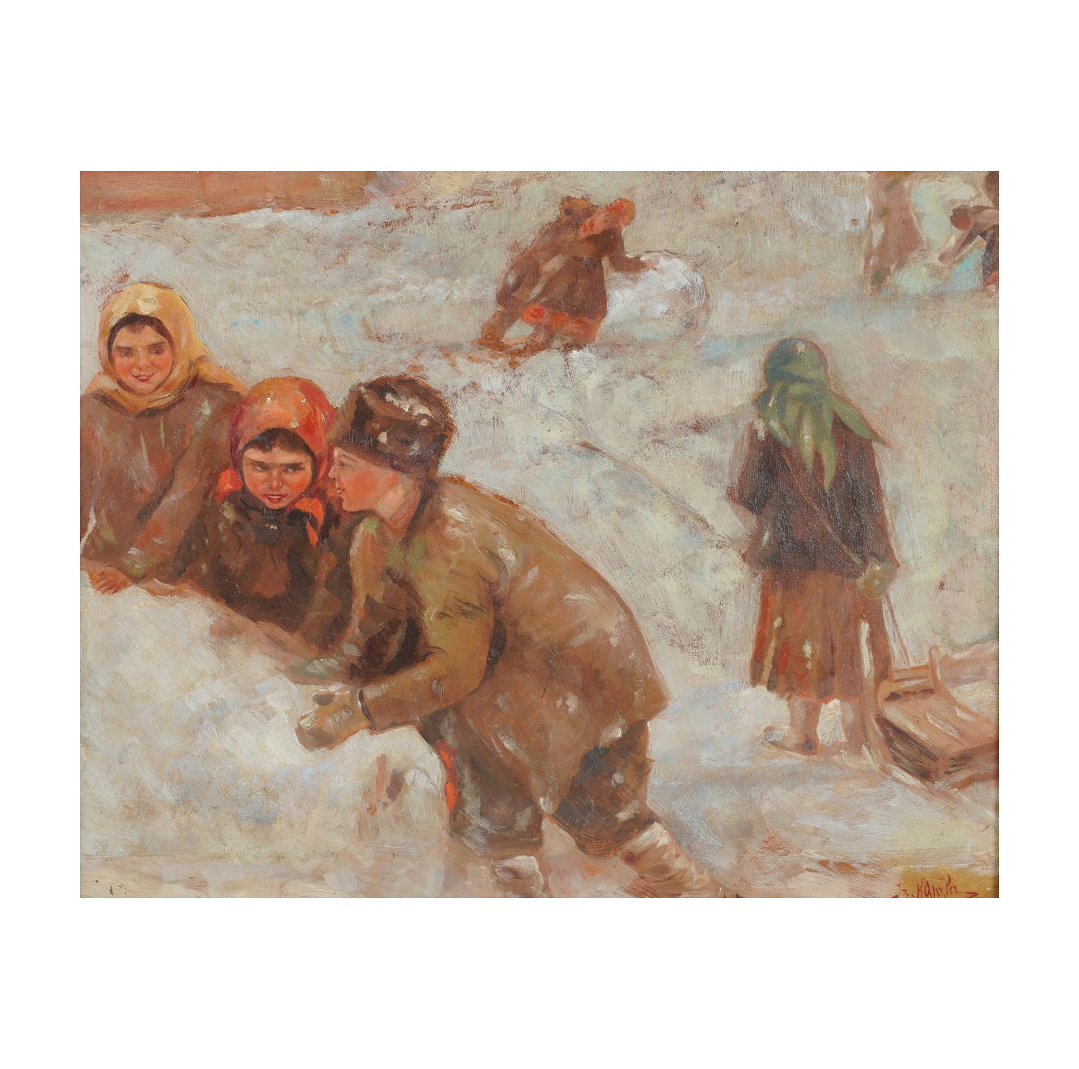 Vintage Painting of Children Playing in the Snow