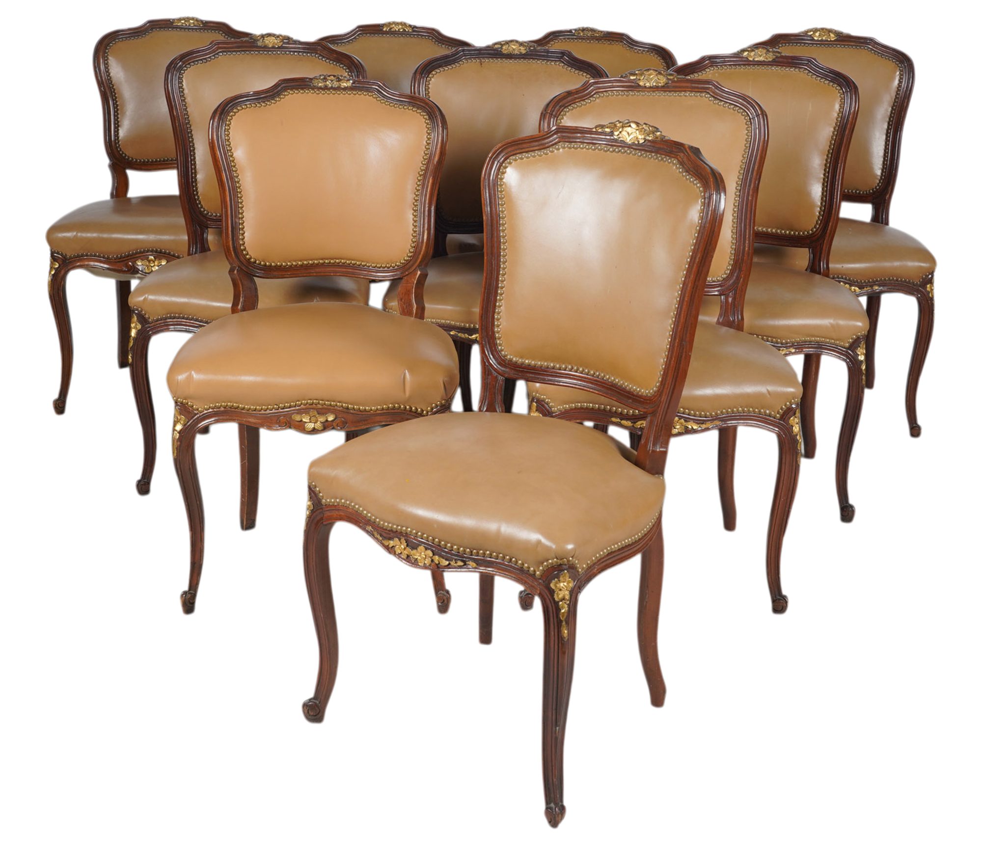 Set of Ten Parcel Gilt and Studded Leather Dining Chairs
