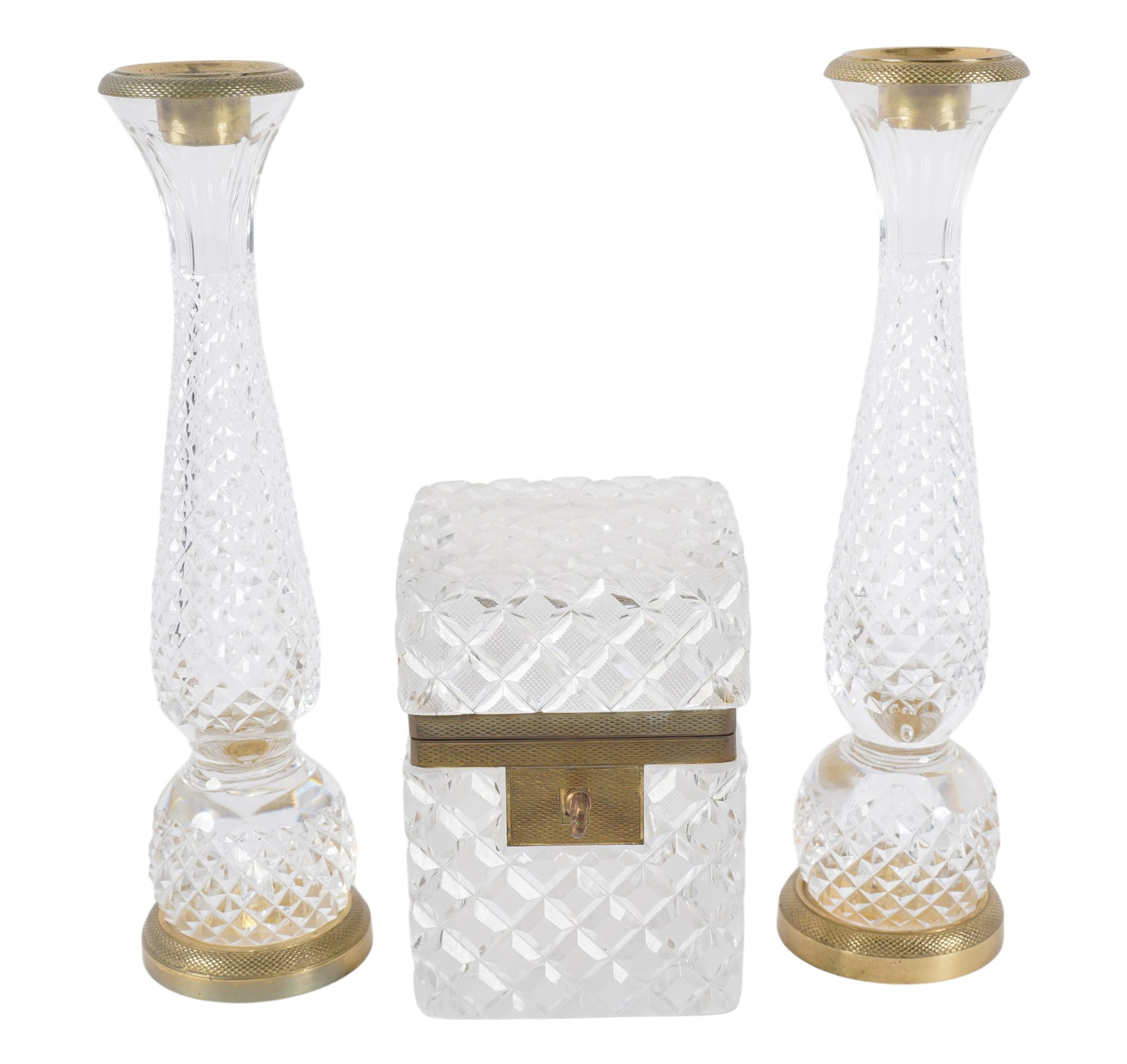A French Crystal and Gilt Bronze Box and Candlesticks