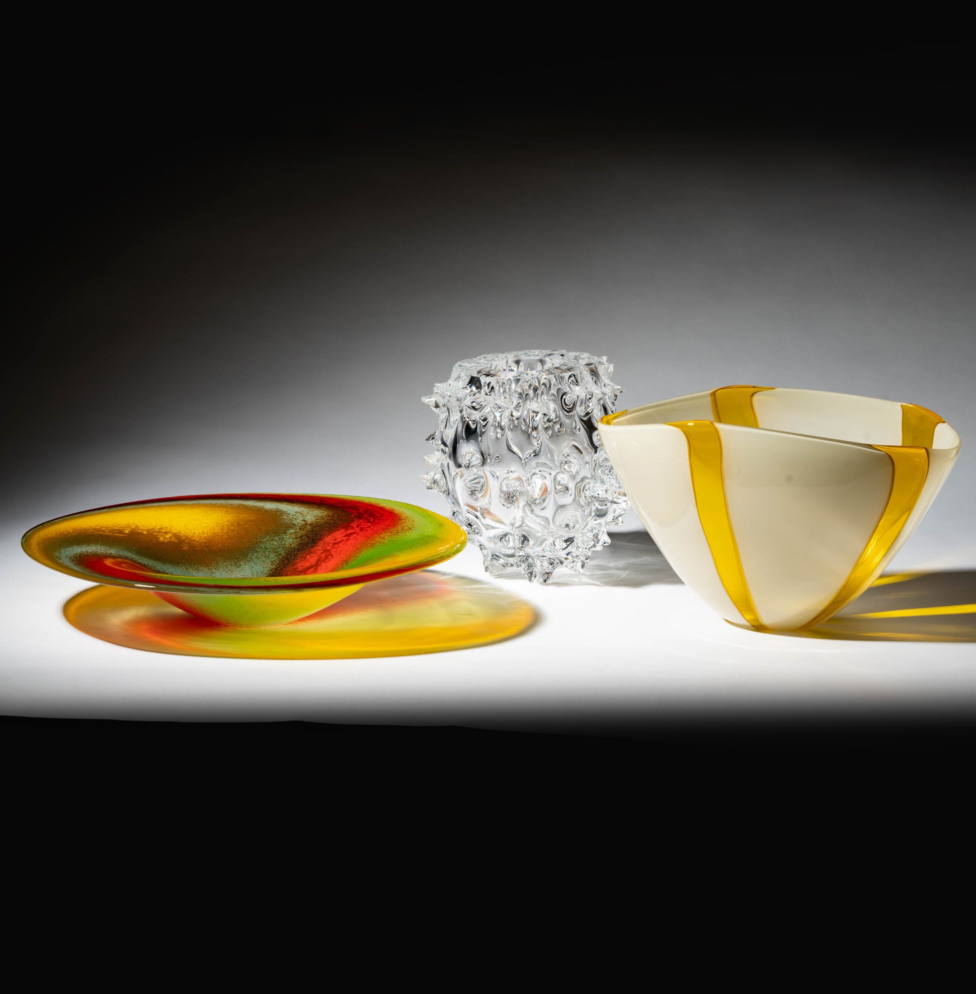 Three Art Glass Center Pieces, Murano, Kosta Boda, Lithuania