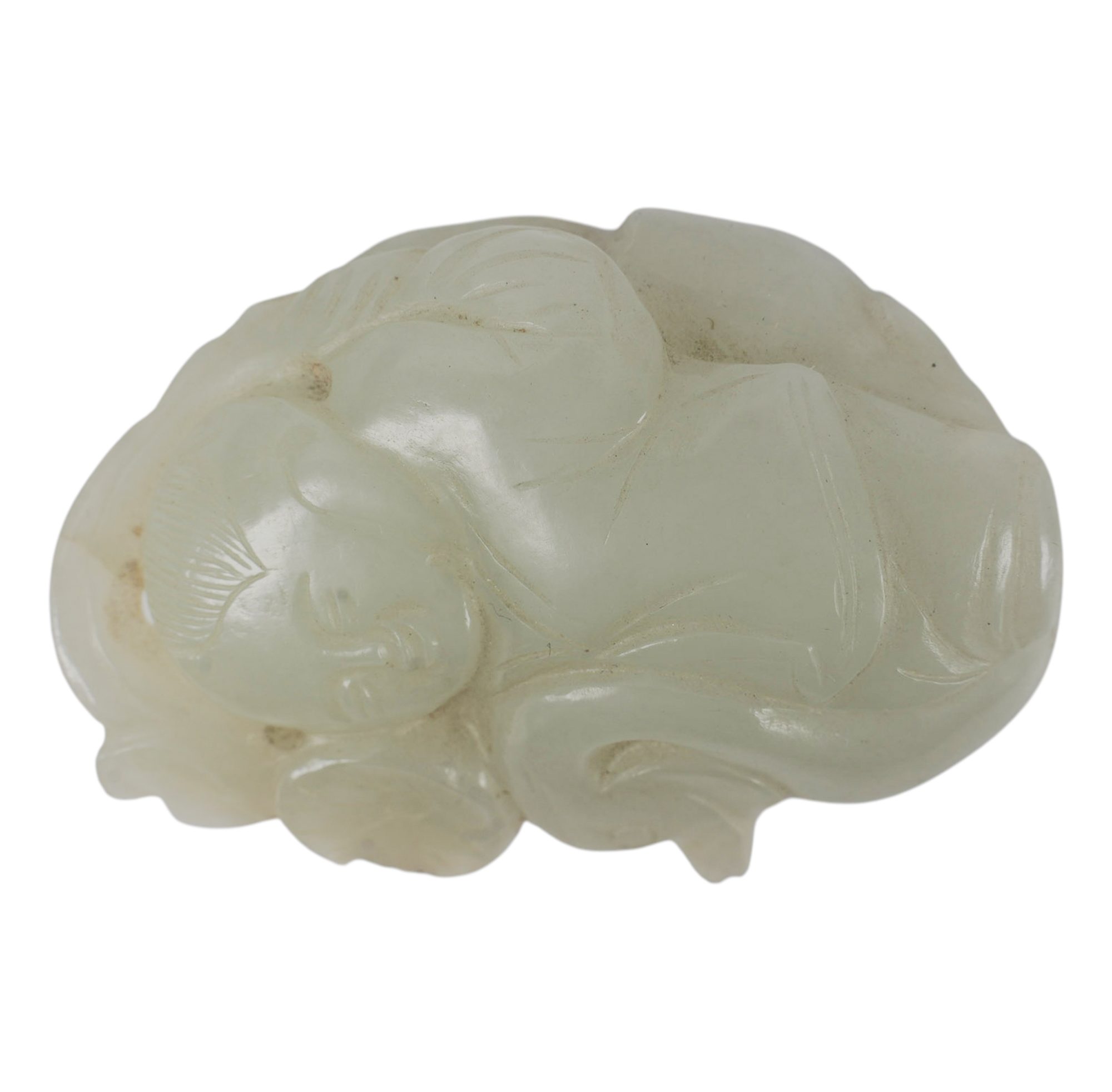 A Chinese Jade Carving of a Boy Riding a Goose