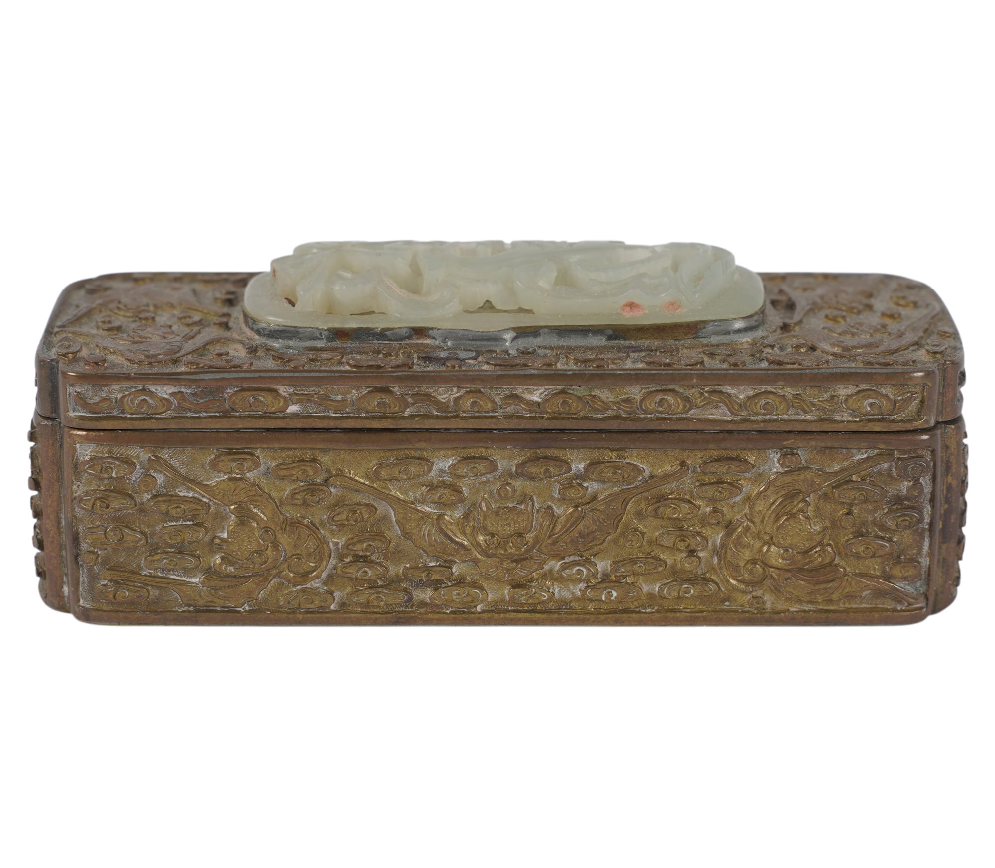 A Chinese Brass and Inlaid Jade Stamp Box