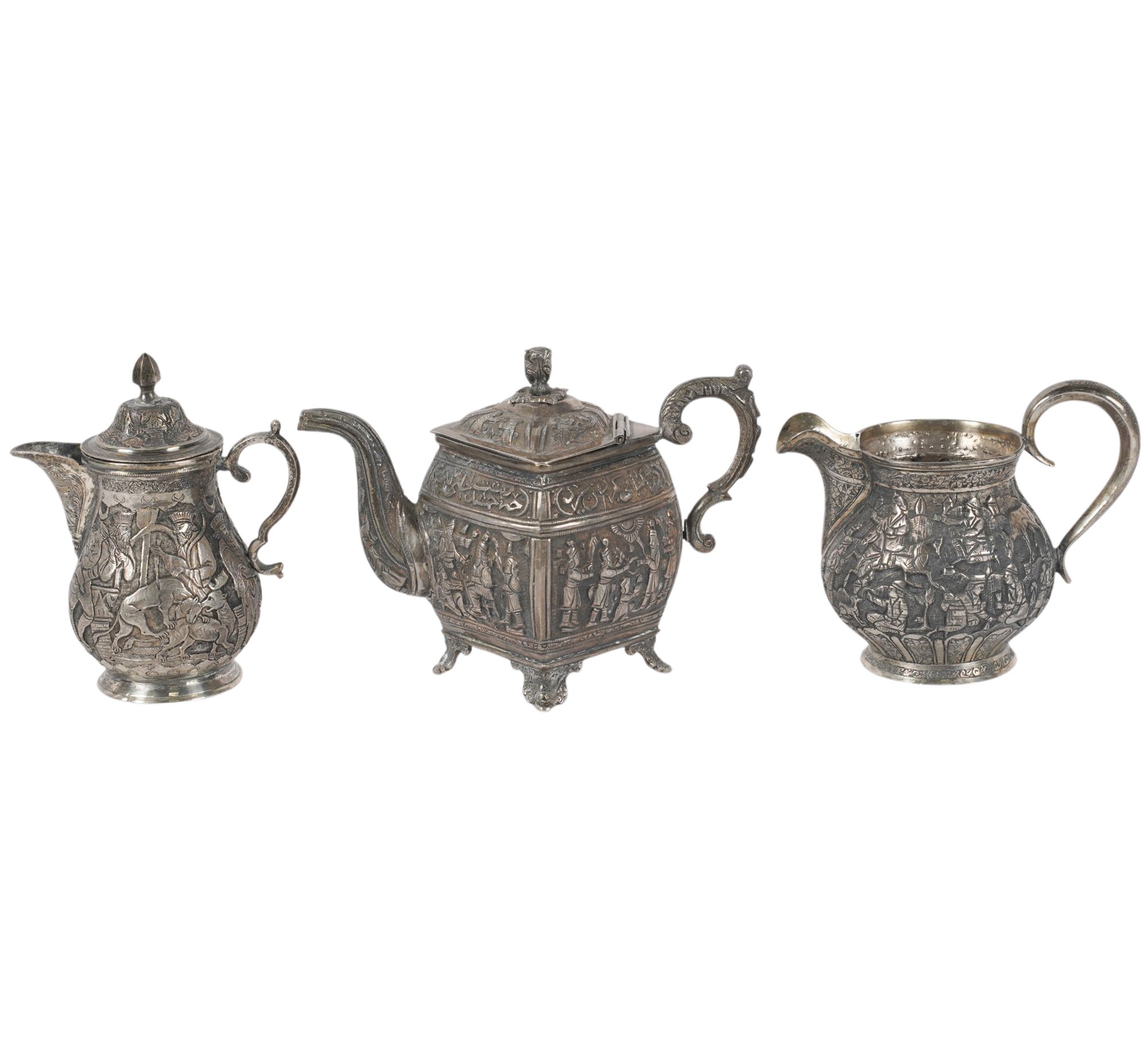 Three Heavily Embossed Silver Serving Pieces in an Asian Theme