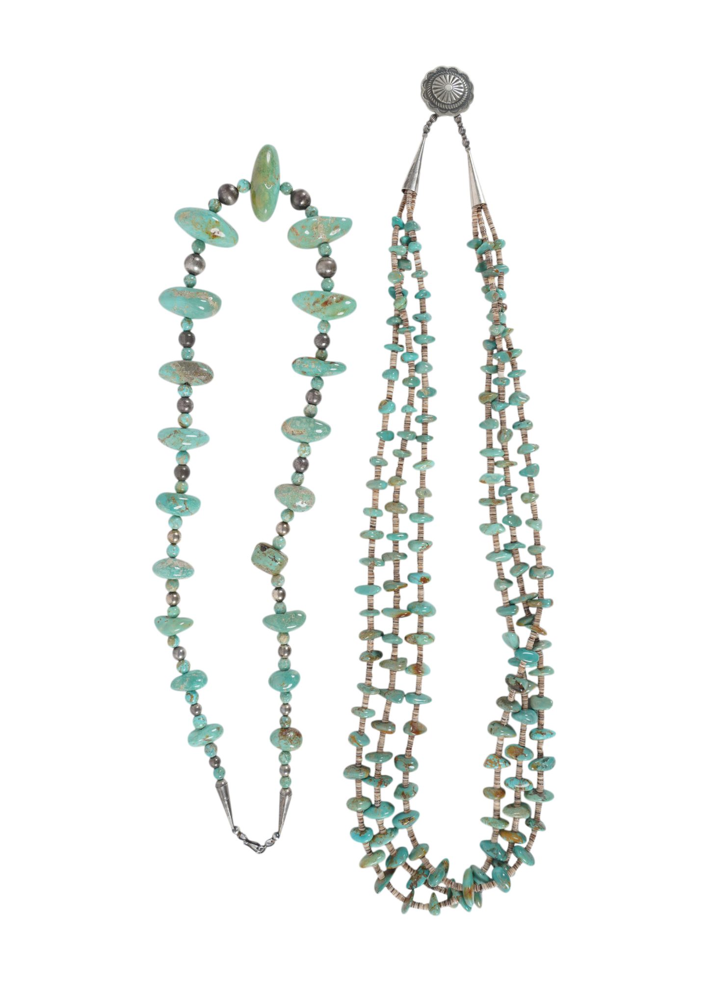 Two Native American Turquoise and Sterling Beaded Necklaces