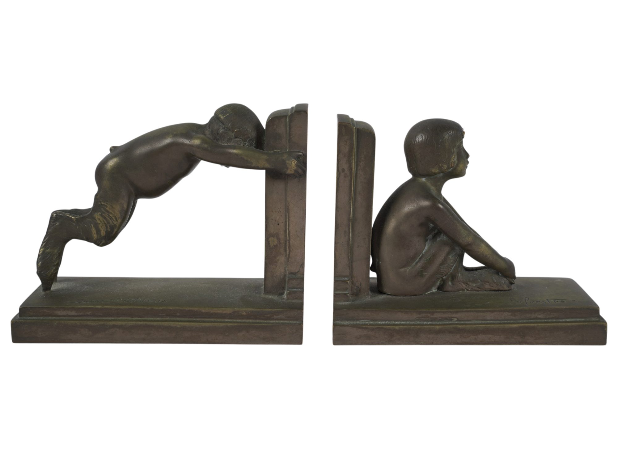 Paul Silvestre French, 1884-1976 Pair of Bronze Faun Bookends
