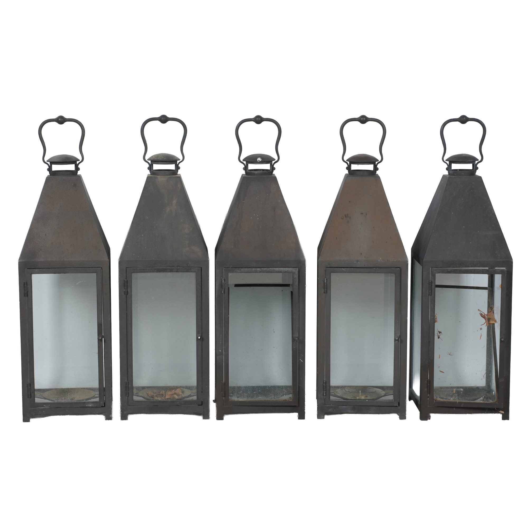 Set of Five Large Metal and Glass Lanterns