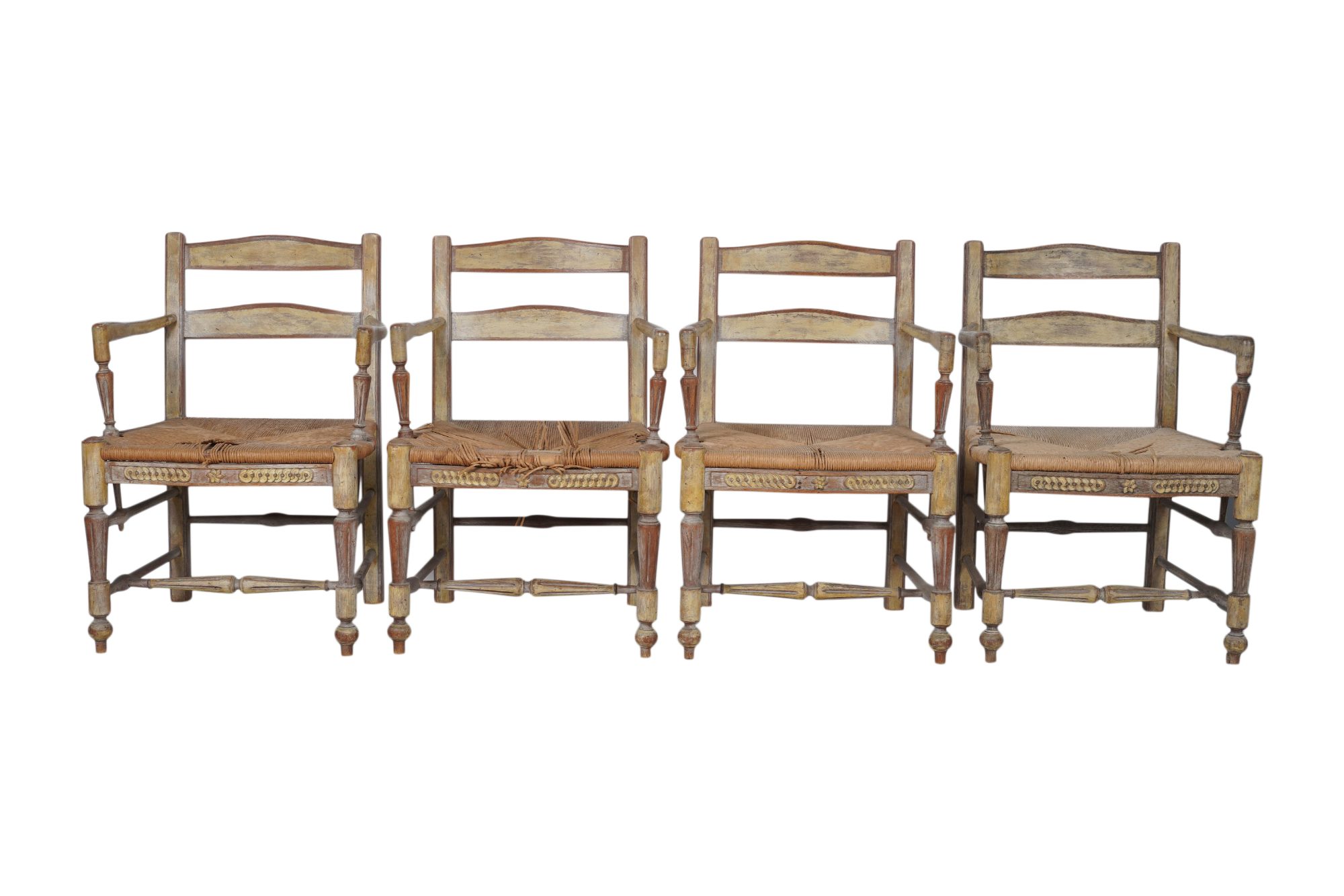 Four Carved Wood Rush Seat Armchairs