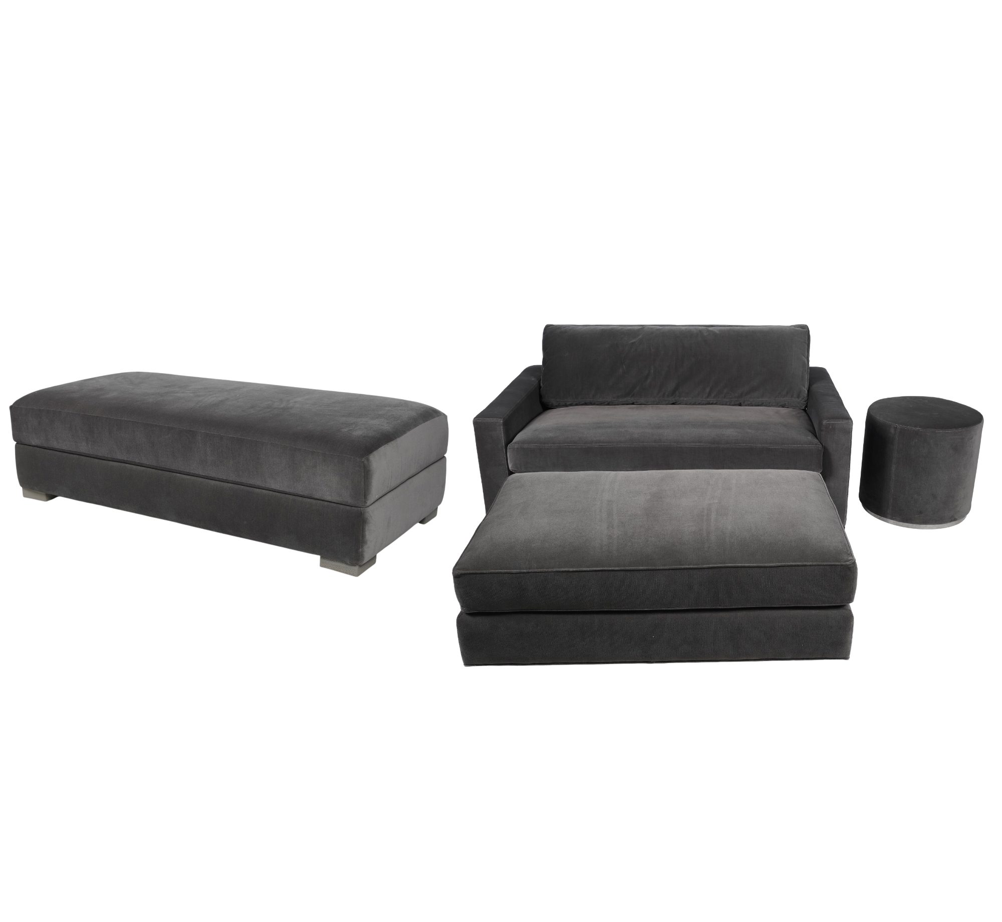 A Restoration Hardware Gray Upholstered Loveseat with Three Ottomans