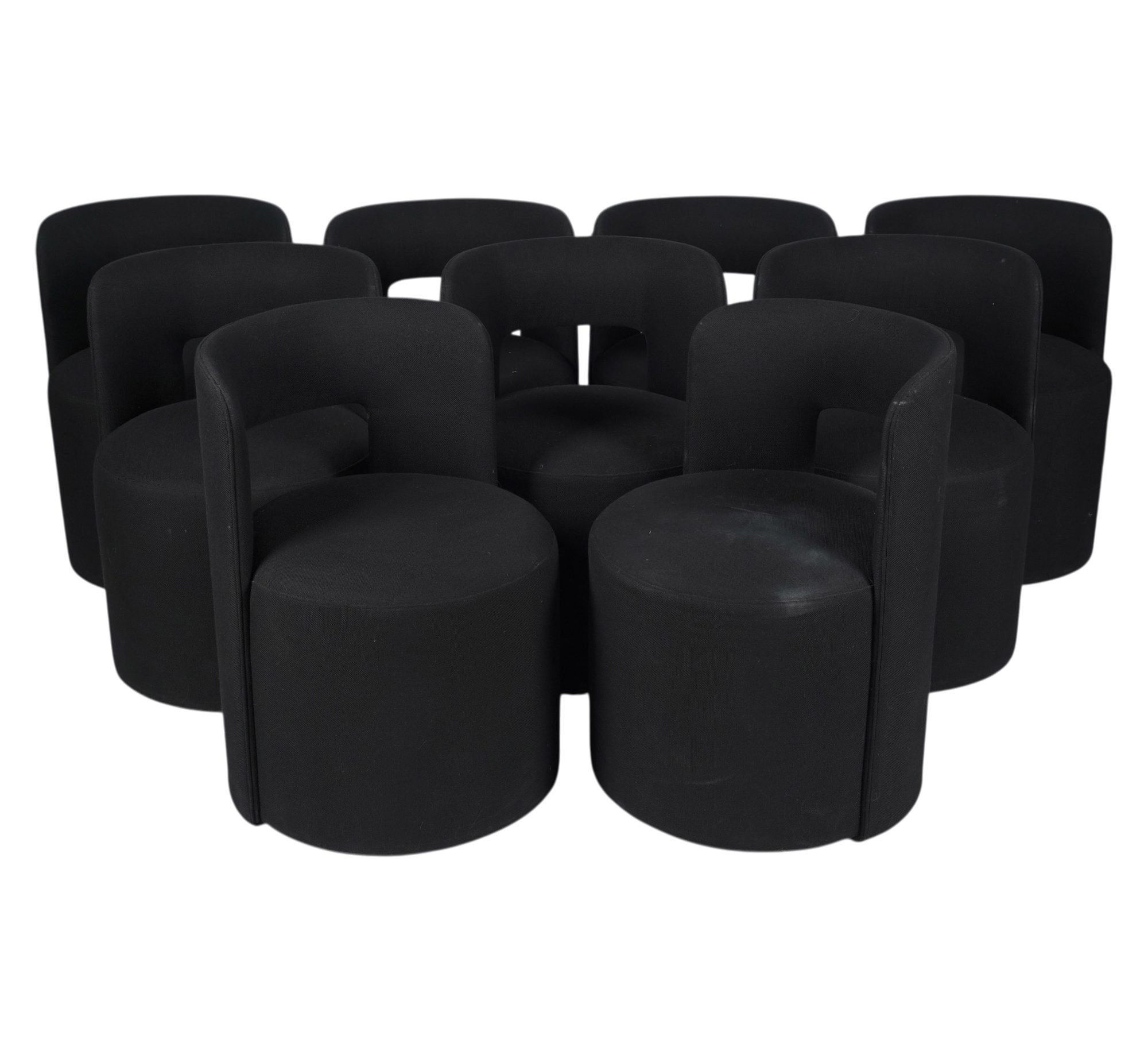 A Set of Restoration Hardware Black Upholstered Barrel Dining Chairs