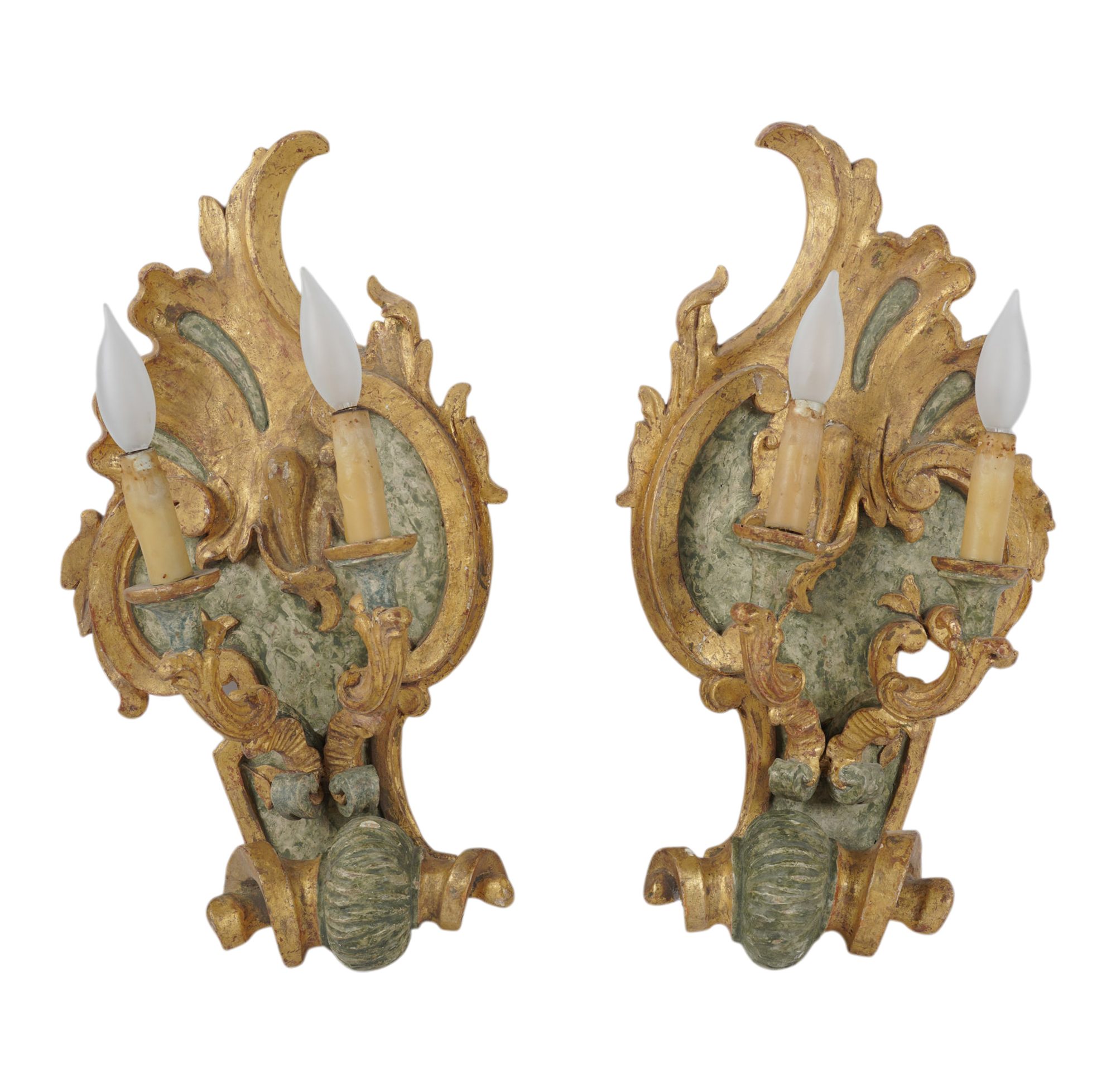 A Pair of Italian Painted Rocco Two Light Wall Sconces