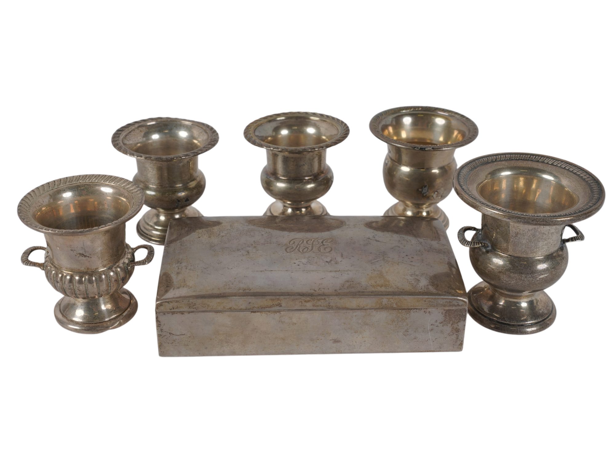Five Sterling Urn Style Cigarette Holders, and Sterling Cigarette Box