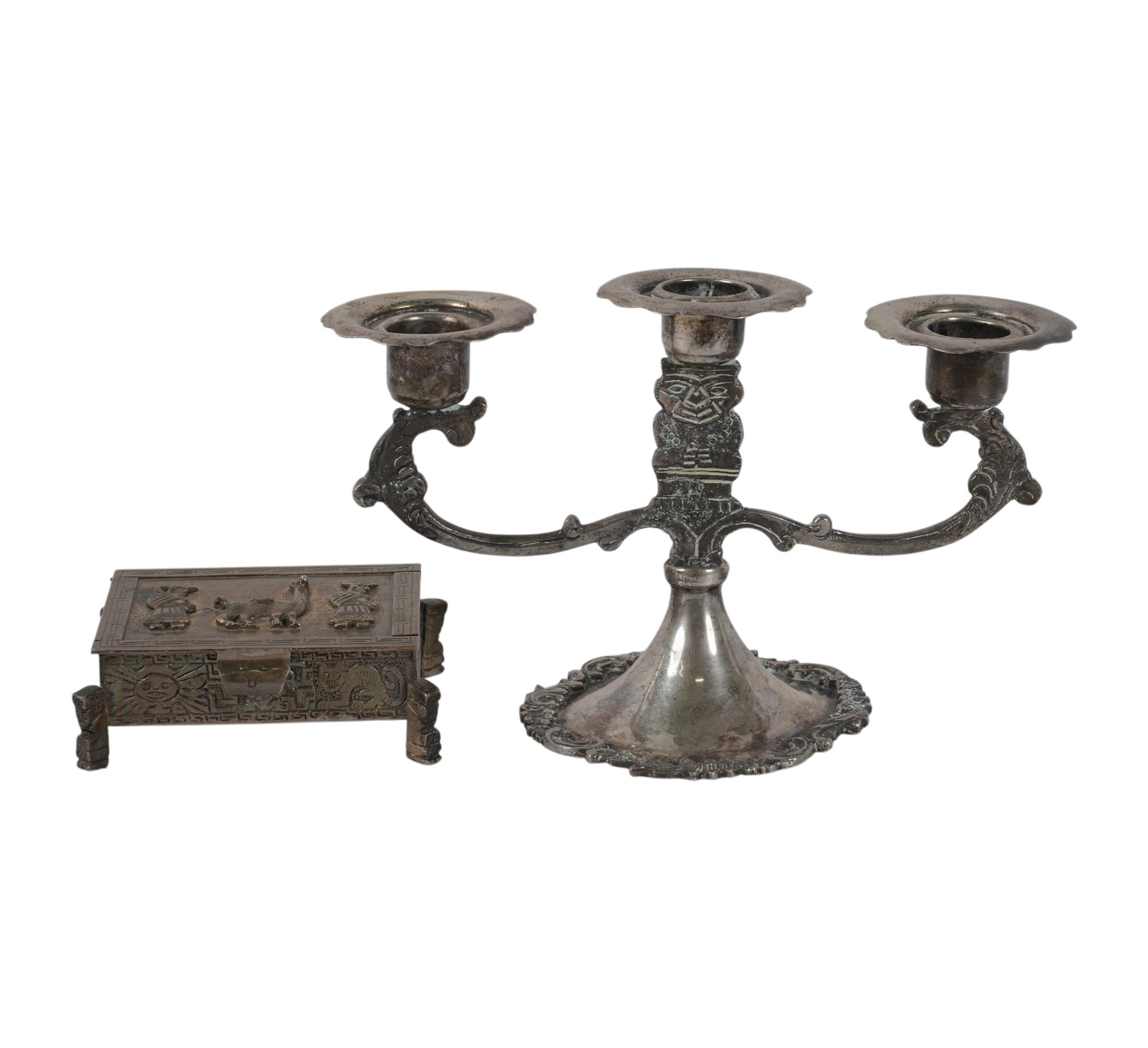 A Sterling Candle Holder and Sterling Cigarette Box