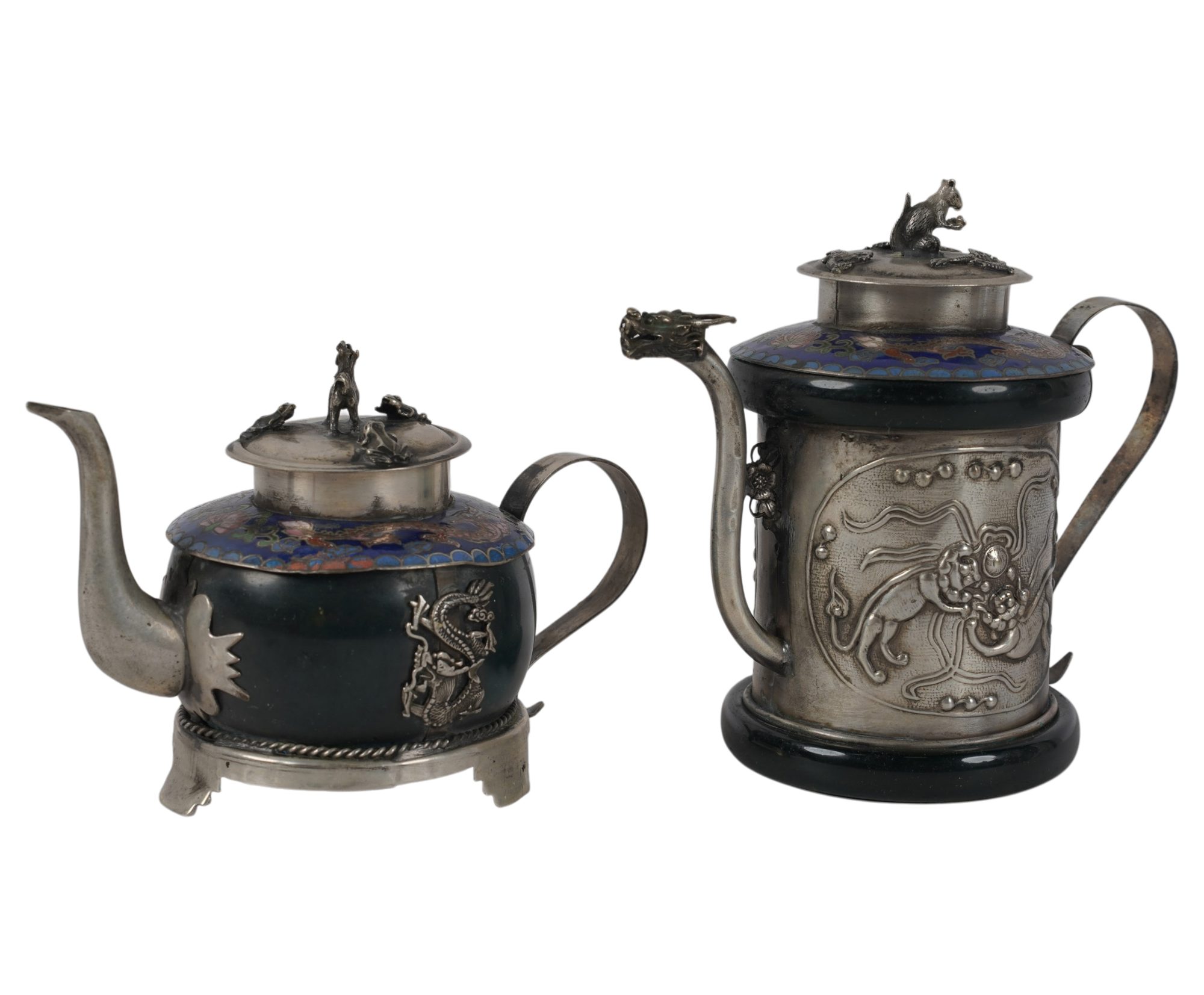 Two Small Silver Metal and Enameled Asian Style Servers