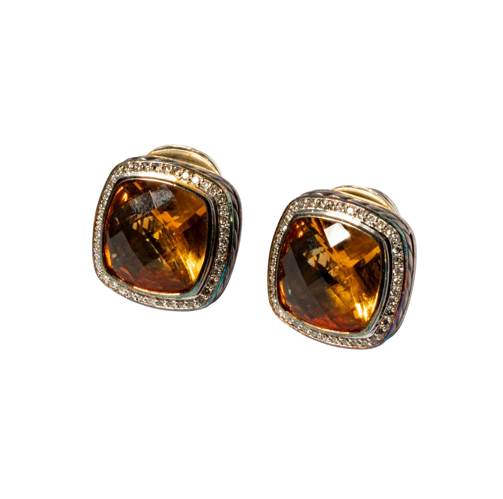 18 Karat Yellow Gold, Sterling SIlver, Citrine, and Diamond Earrings