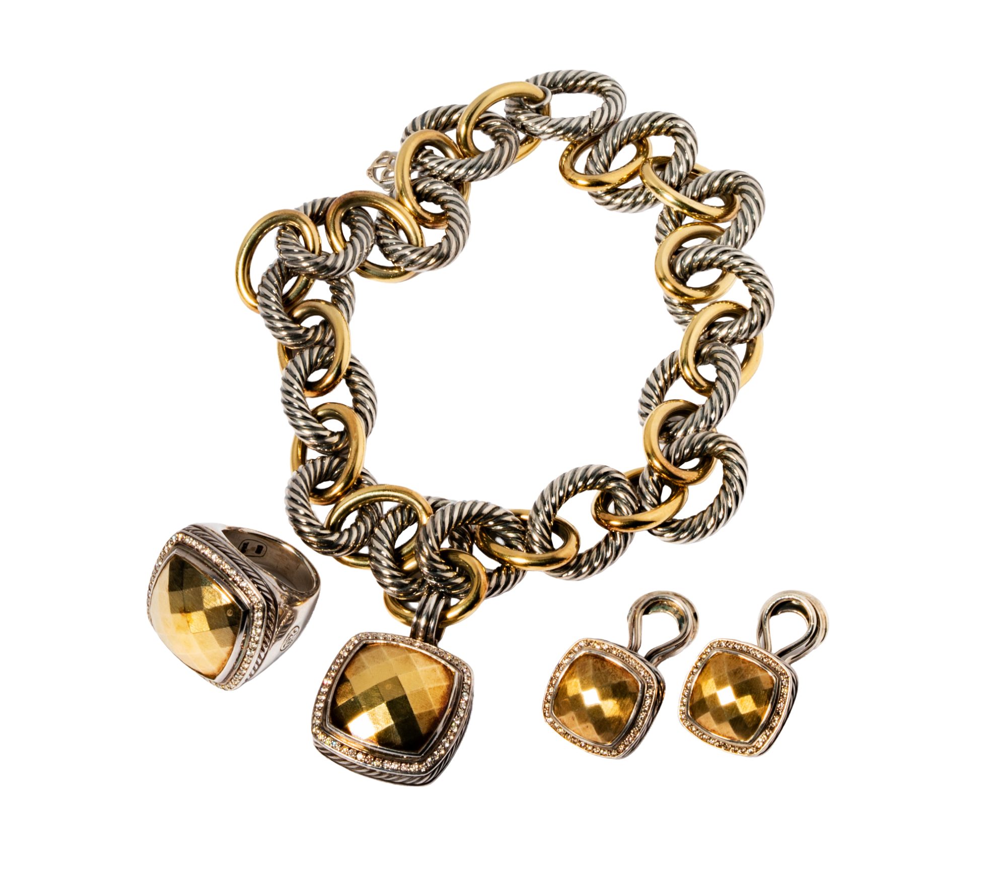 Sterling Silver, 18 Karat Yellow Gold, Diamond, Necklace, Ring and Clip Earring Suite