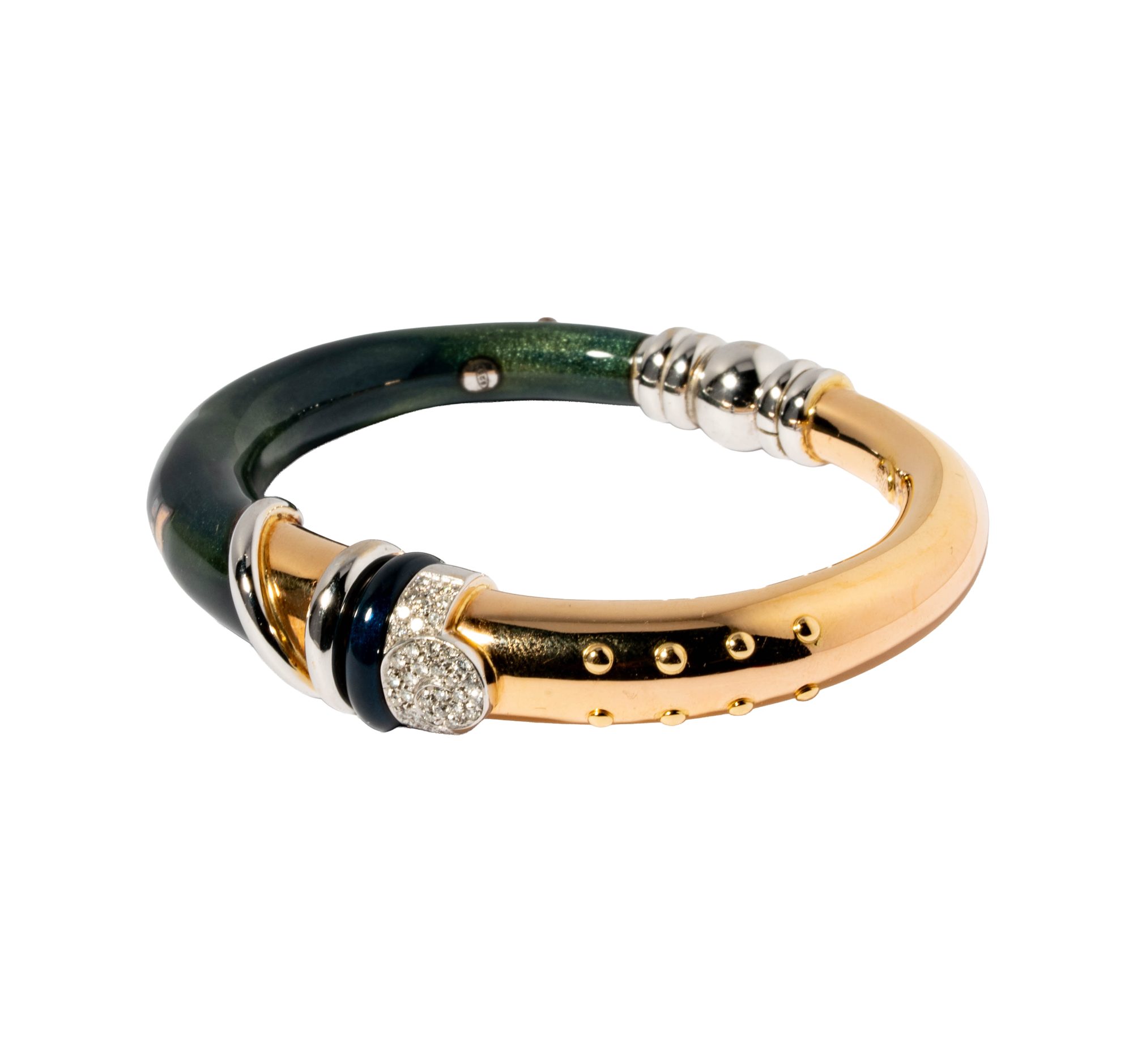 18 Karat Gold and Sterling Silver, Diamond, Enameled Bracelet