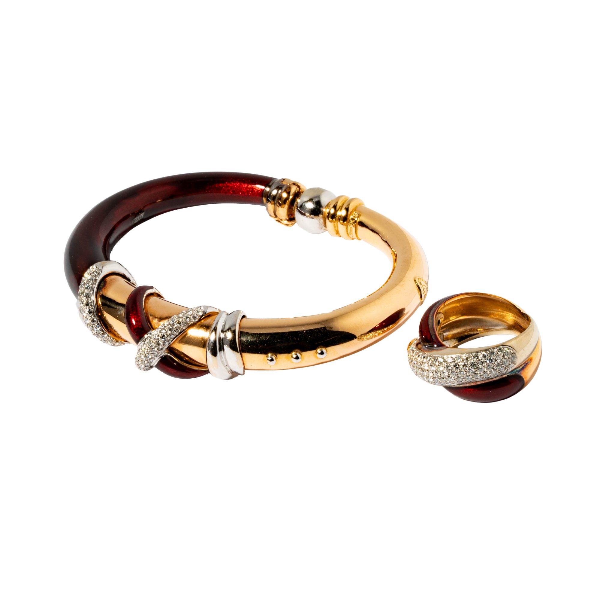 18 Karat Yellow Gold and Silver, Enamel and Diamond Ring and Bangle