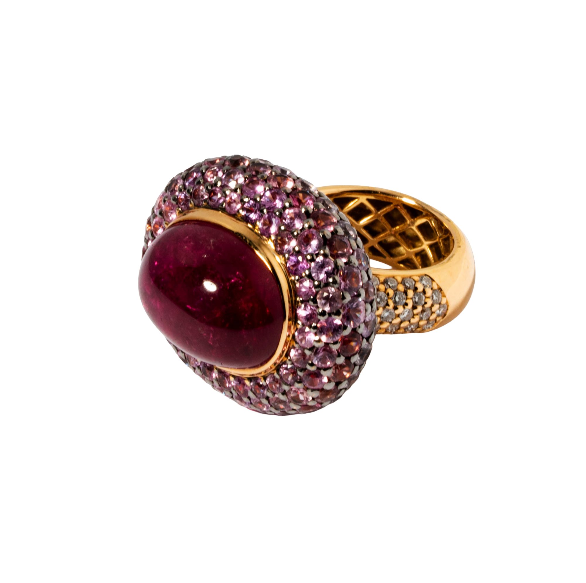 18 Karat Yellow Gold, Diamond, Rubellite Tourmaline, Pink Sapphire Ring