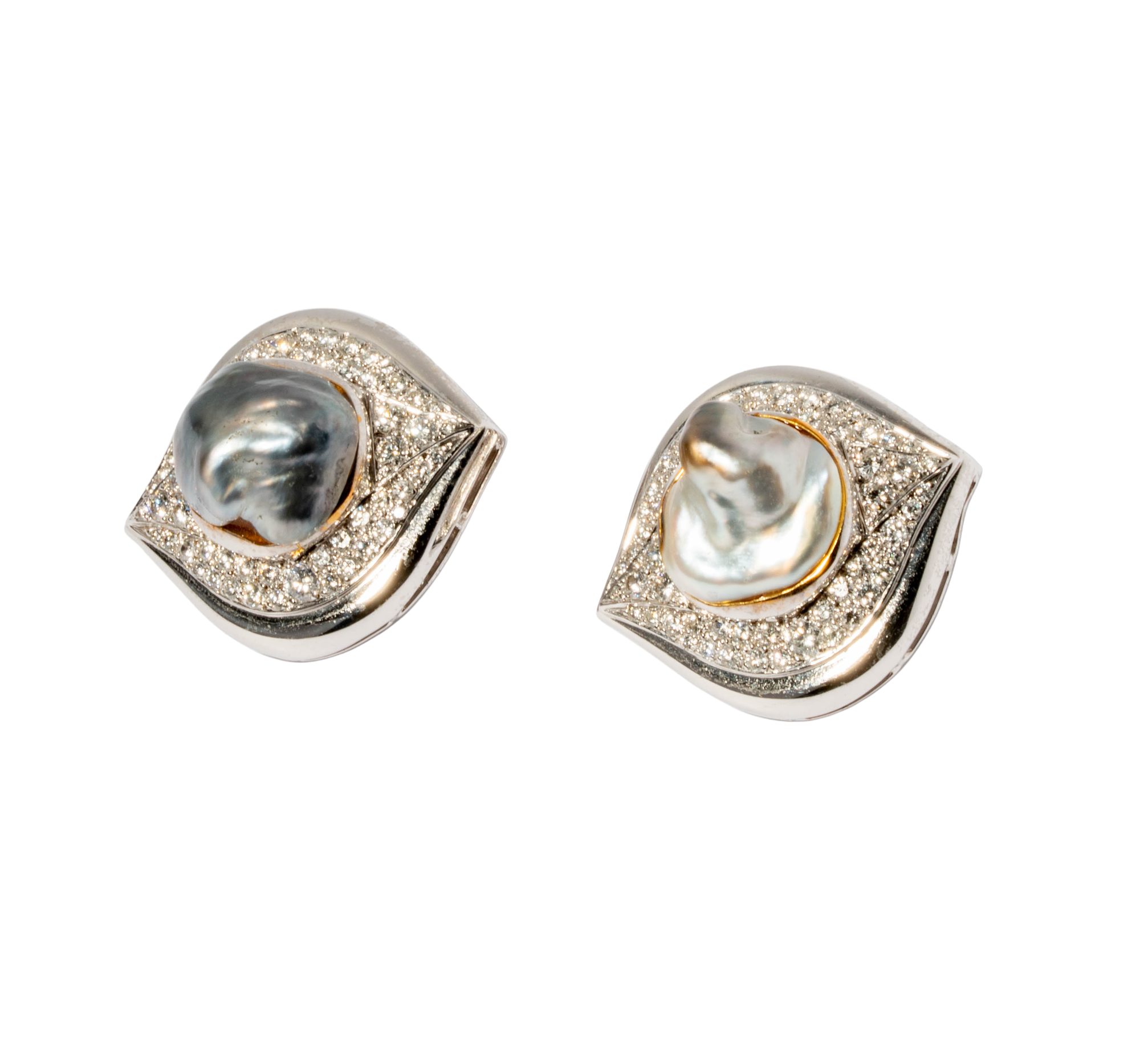 18 Karat White Gold, Diamond, Tahitian Keshi Cultured Pearl Clip Earrings
