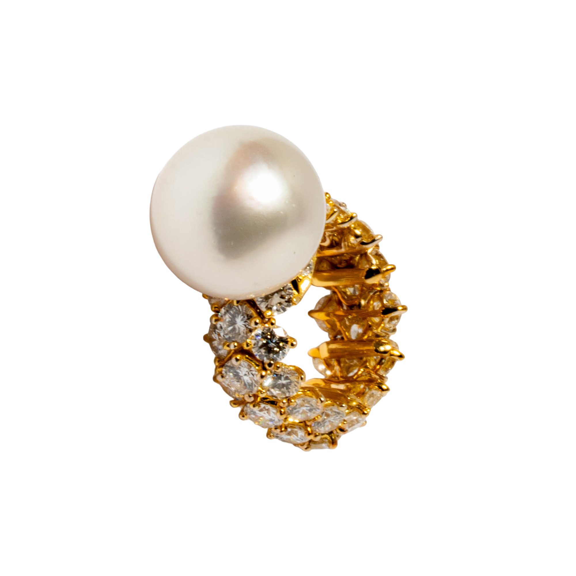 18 Karat Yellow Gold, Diamond, South Sea Button Cultured Pearl Ring