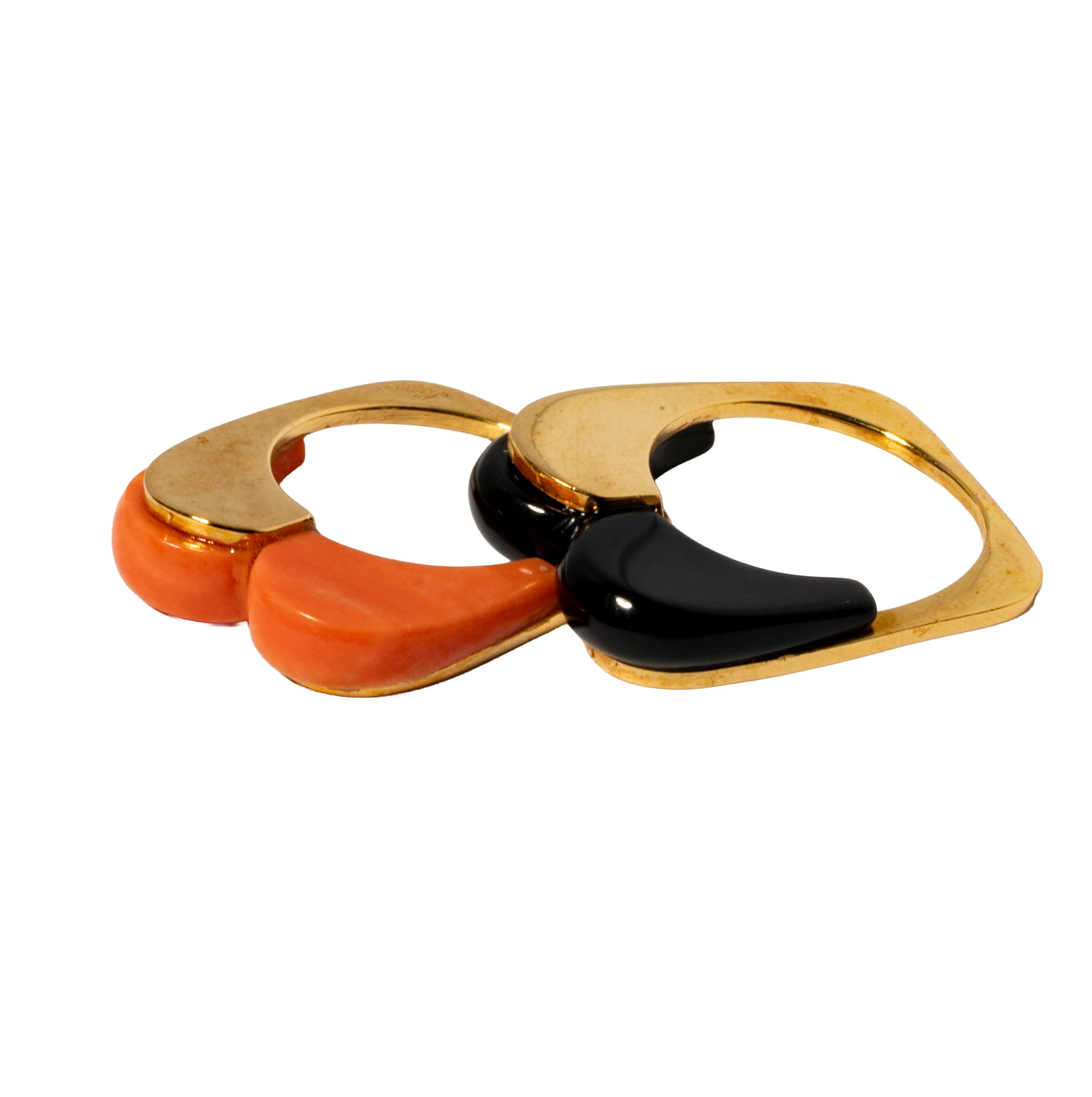 18 Karat Yellow Gold Onyx, Coral Ring Set