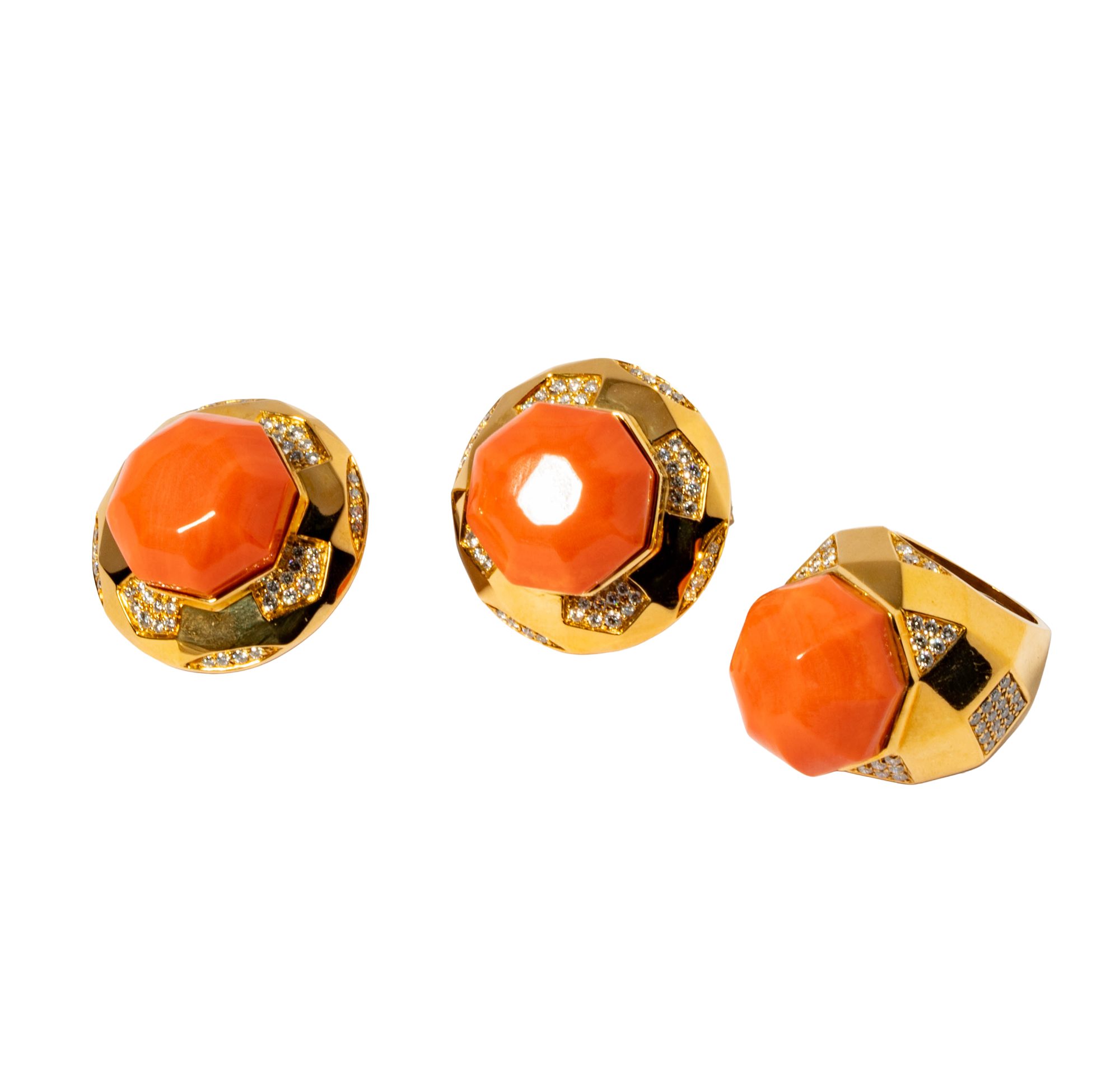 18 Karat Yellow Gold, Diamond, Coral, Clip Earrings and Ring