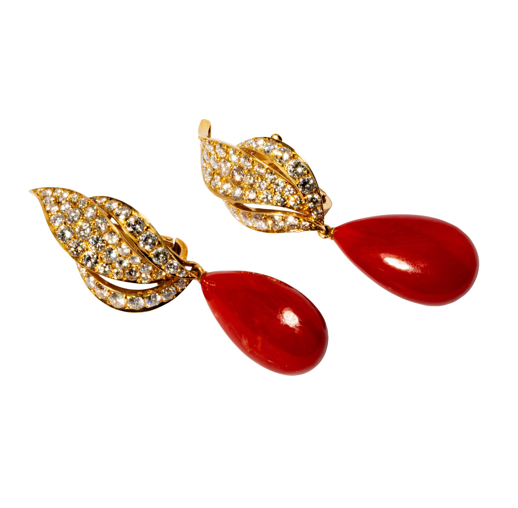 18 Karat Yellow Gold Diamond, Coral Earrings