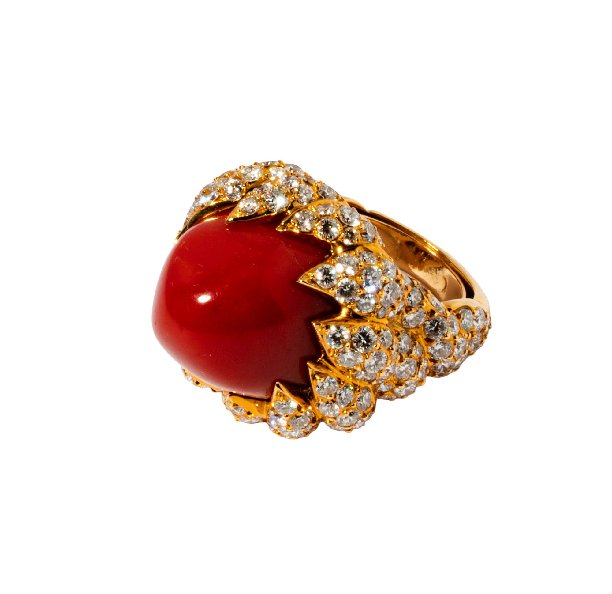 18 Karat Yellow Gold, Diamond, Coral Dome Ring