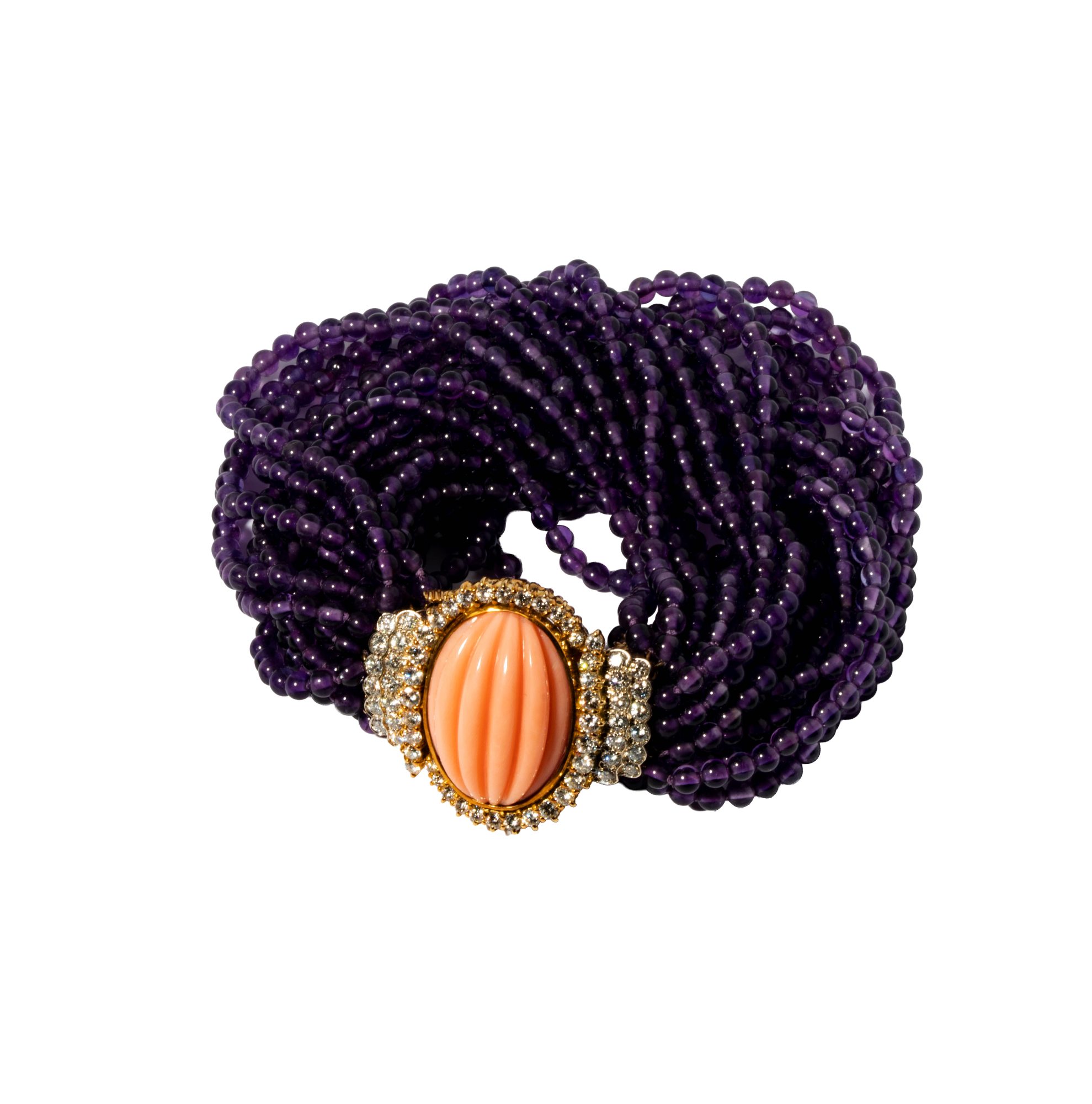 18 Karat Yellow Gold, Amethyst, Coral, and Diamond Torsade Bracelet