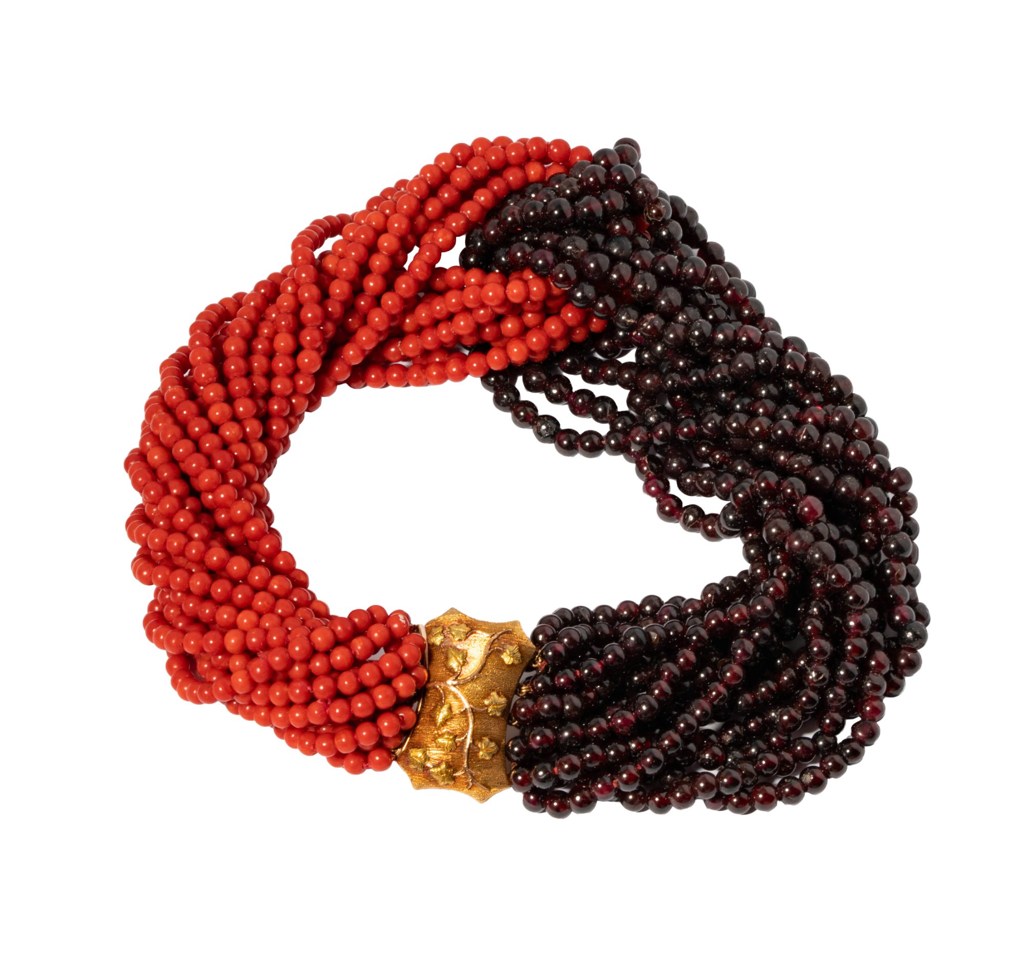 18 Karat Gold, Coral and Garnet Bead Torsade Necklace