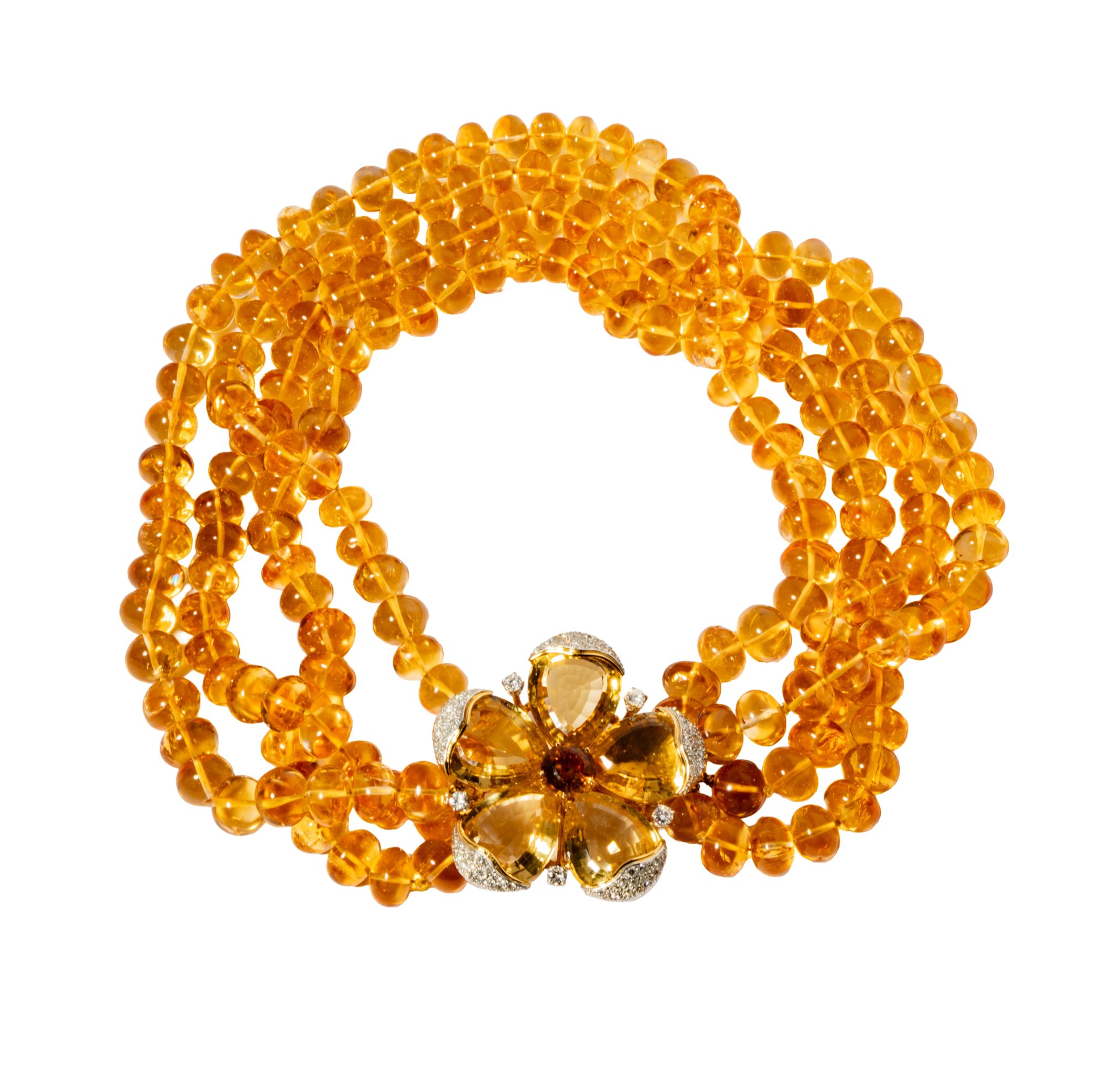 18 Karat Yellow Gold, Diamond, Citrine, Gold Flower Necklace