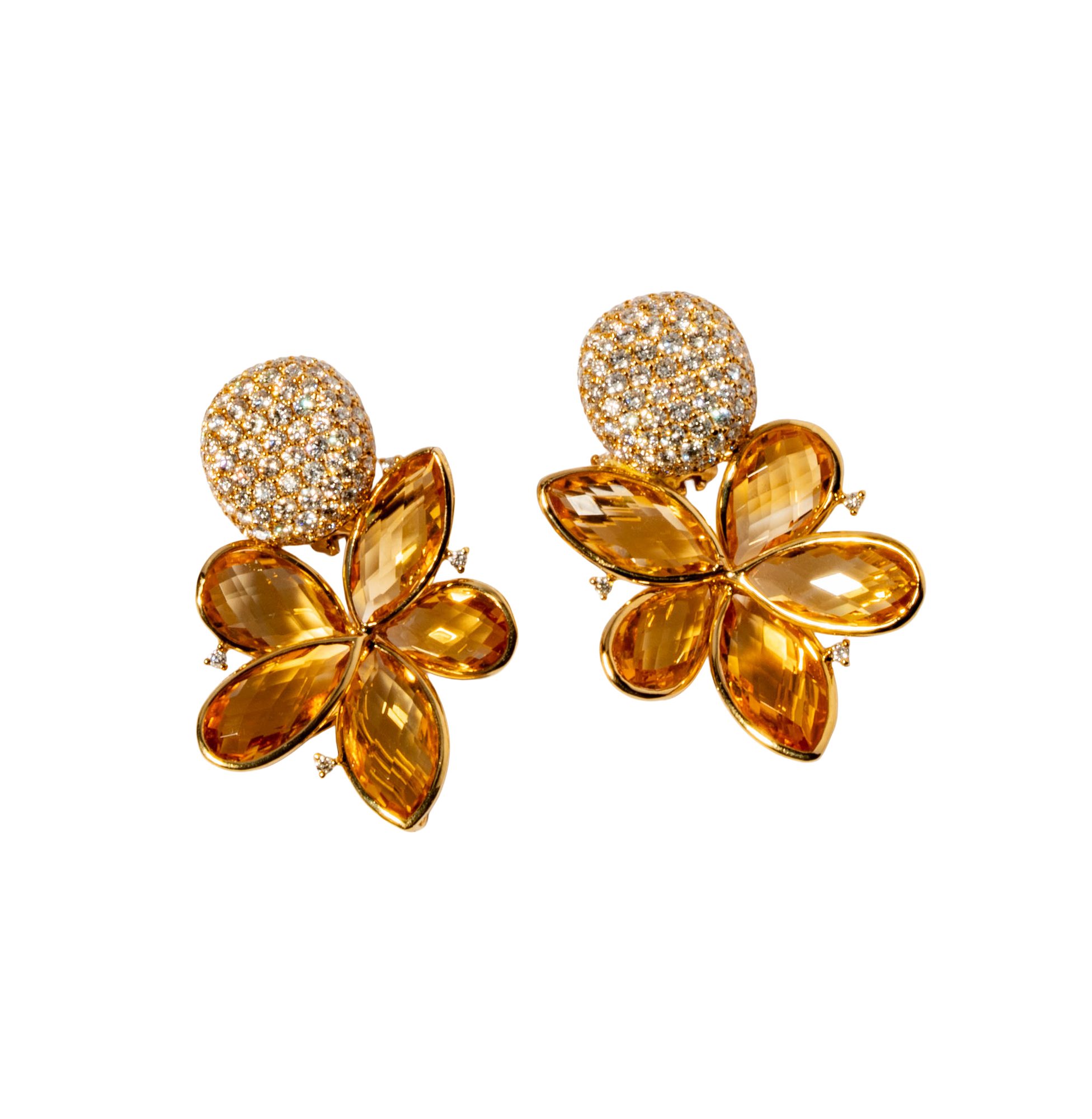14 Karat Yellow Gold Diamond and Citrine Flower Earrings