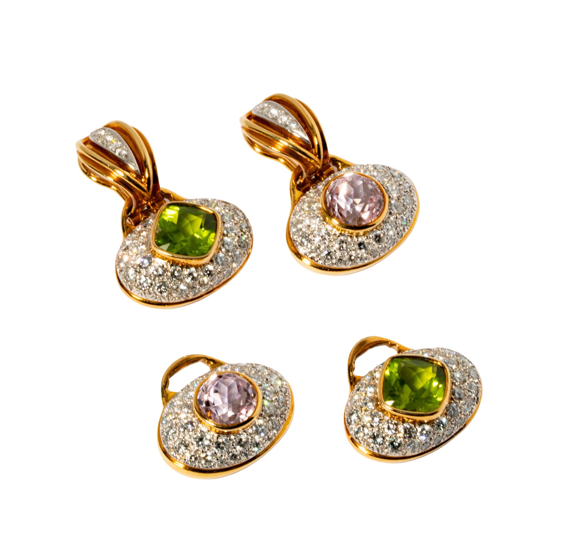 18 Karat Gold, Diamond, Peridot, Rose Quartz Interchangeable Earrings