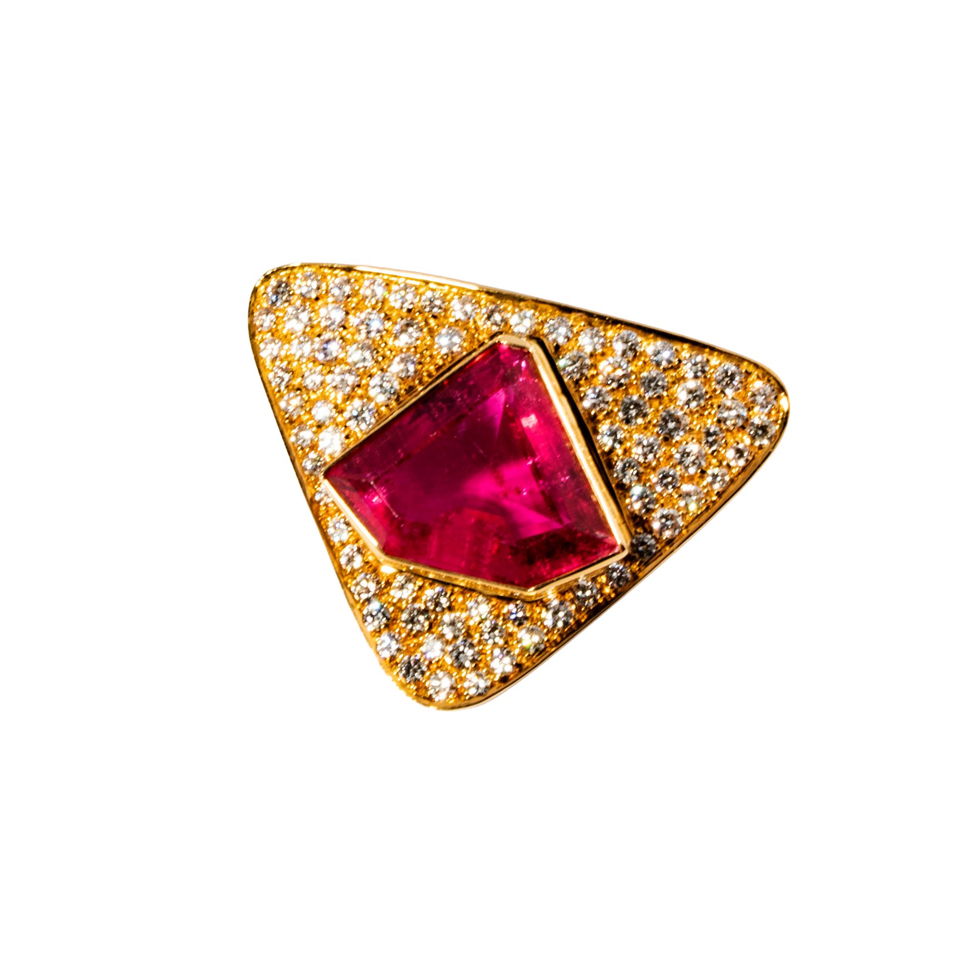 18 Karat Yellow Gold Diamond and Tourmaline Brooch