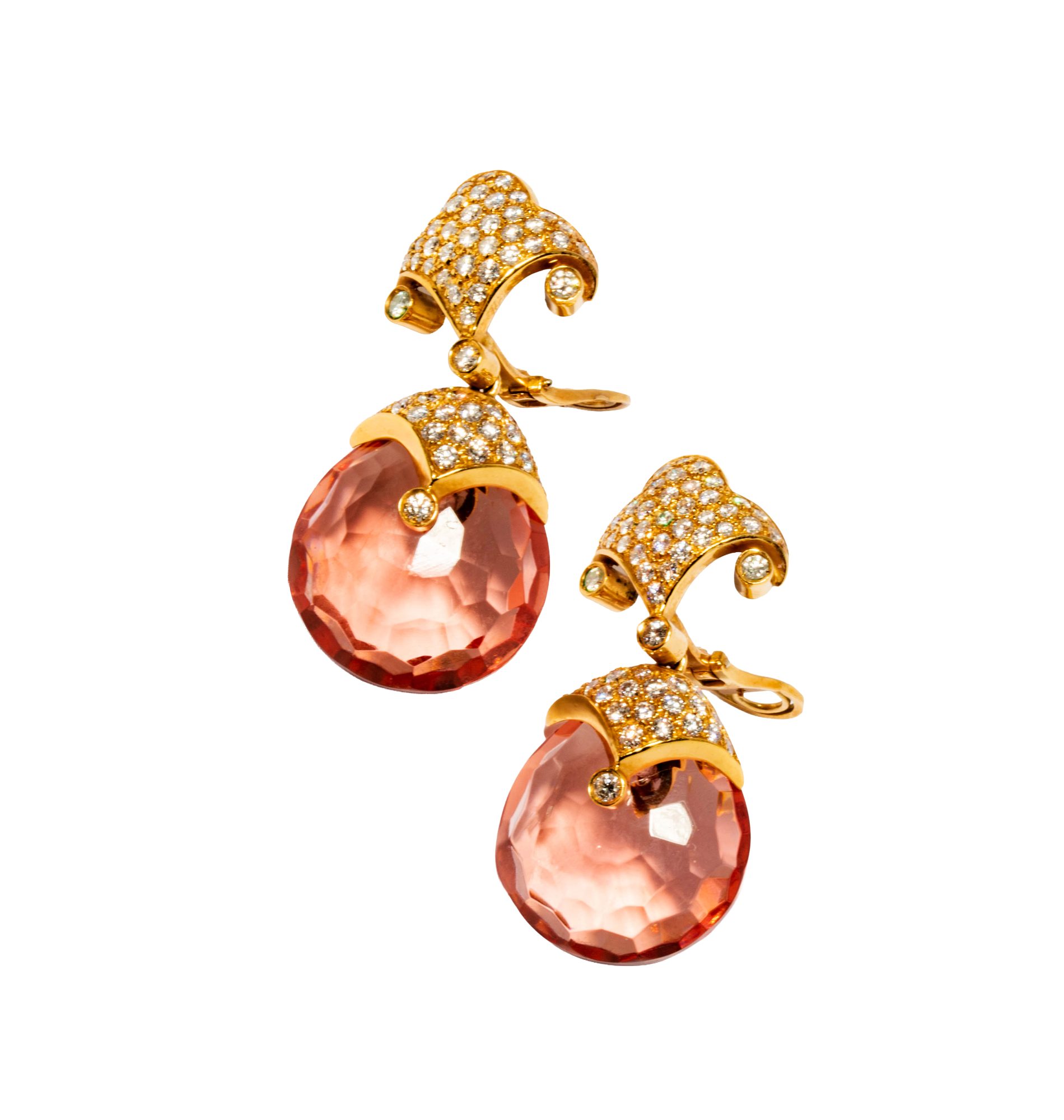 18 Karat Yellow Gold, Diamond, Faceted Pink Glass Interchangeable Earrings