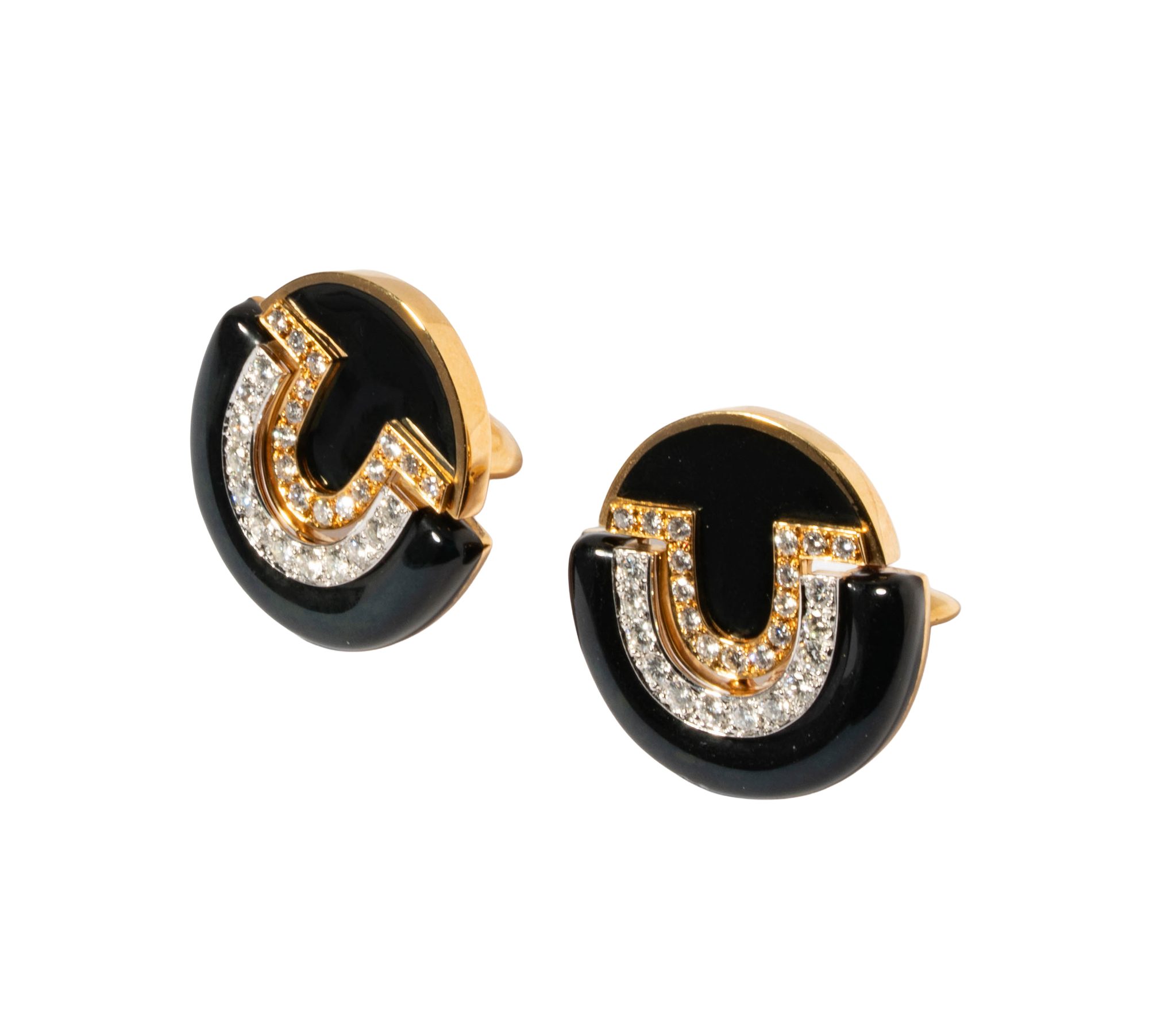 18 Karat Yellow Gold, Platinum, Diamond, Onyx, Enamel, Clip Earrings