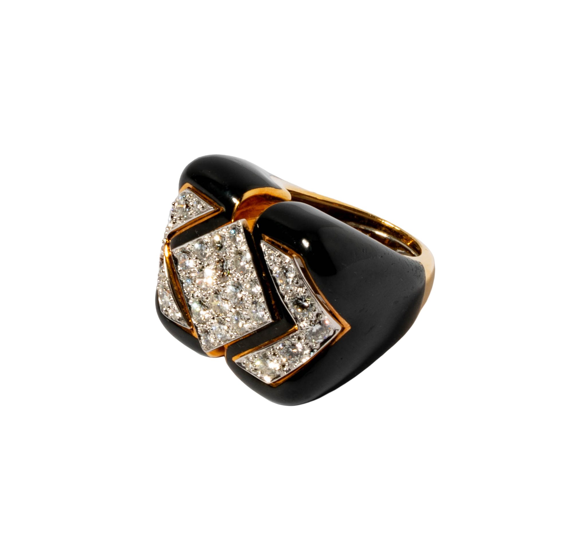 18 Karat Yellow Gold and Platinum, Black Enamel Ring