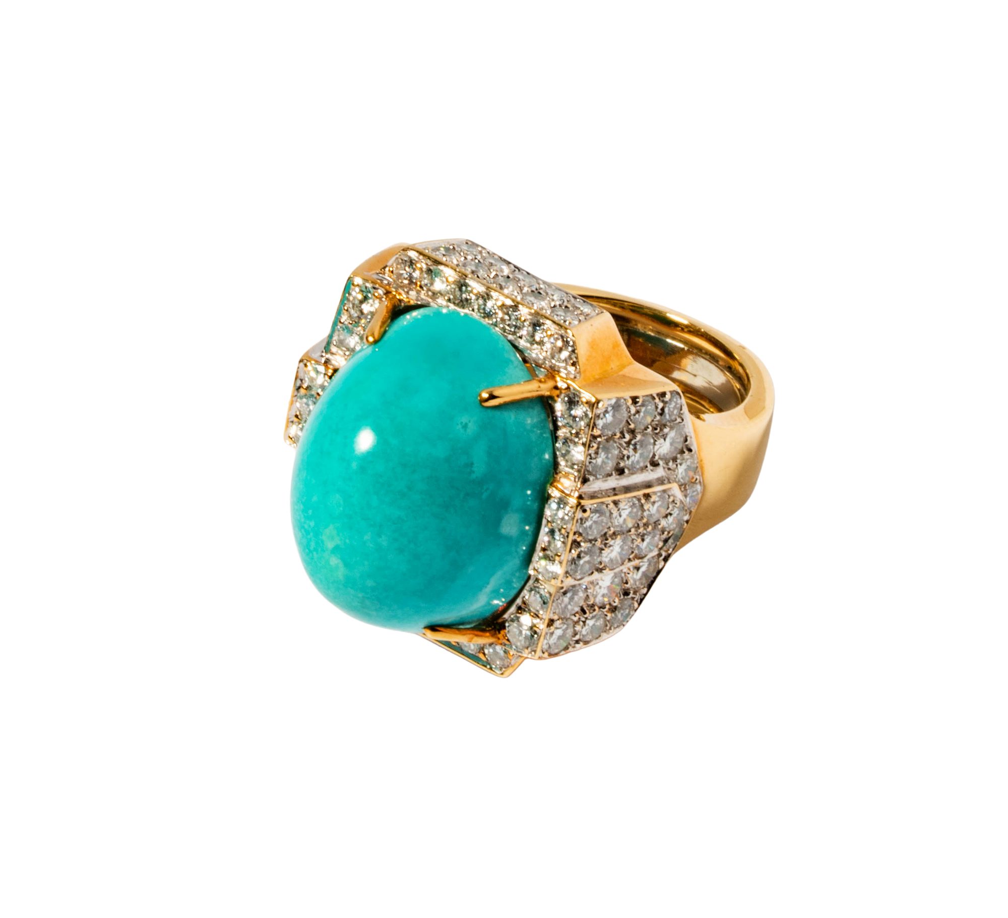 18 Karat Yellow Gold, Platinum, Diamond and Turquoise Ring