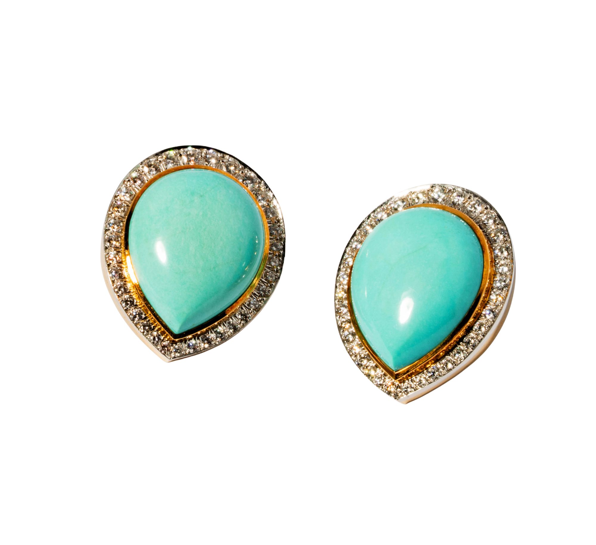 18 Karat Yellow Gold, Platinum, Diamond, and Turquoise Clip Earrings