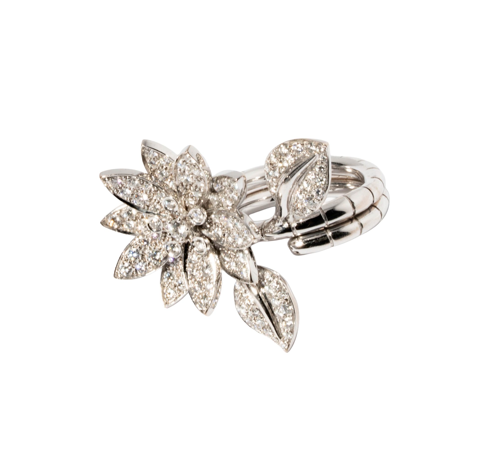 18 Karat White Gold, Lotus Diamond Between-the-Finger Ring