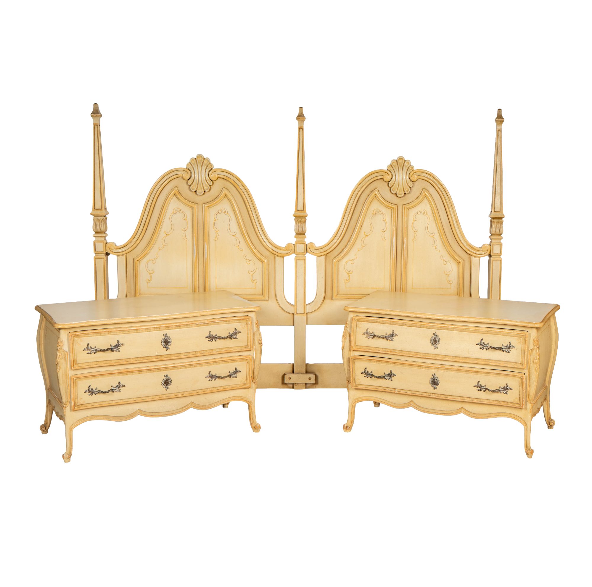 A Pair of Italian-style Painted Headboard and Nightstands