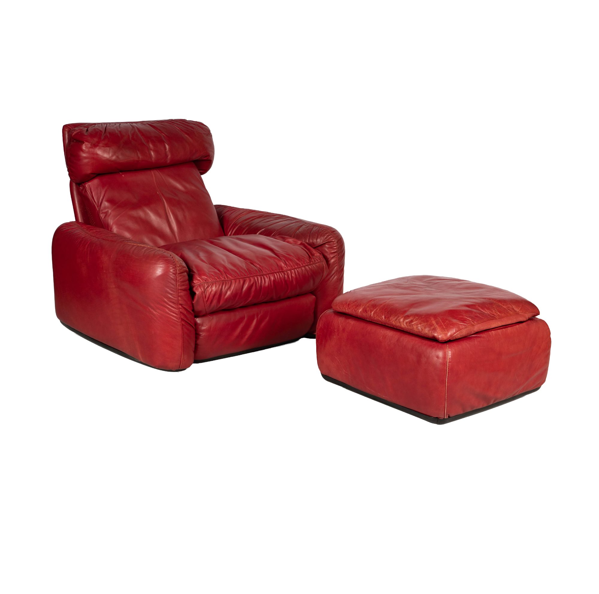 Italian Red Leather Club Chair and Ottoman