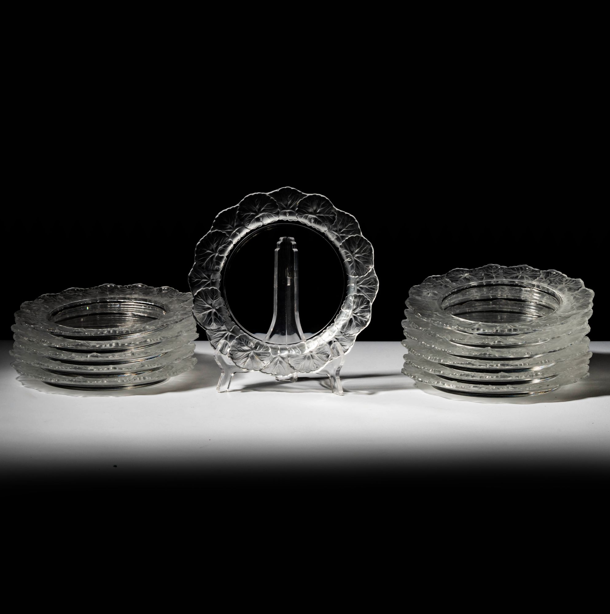 A Set of Twelve Lalique Honfleur Geranium Dessert Plates