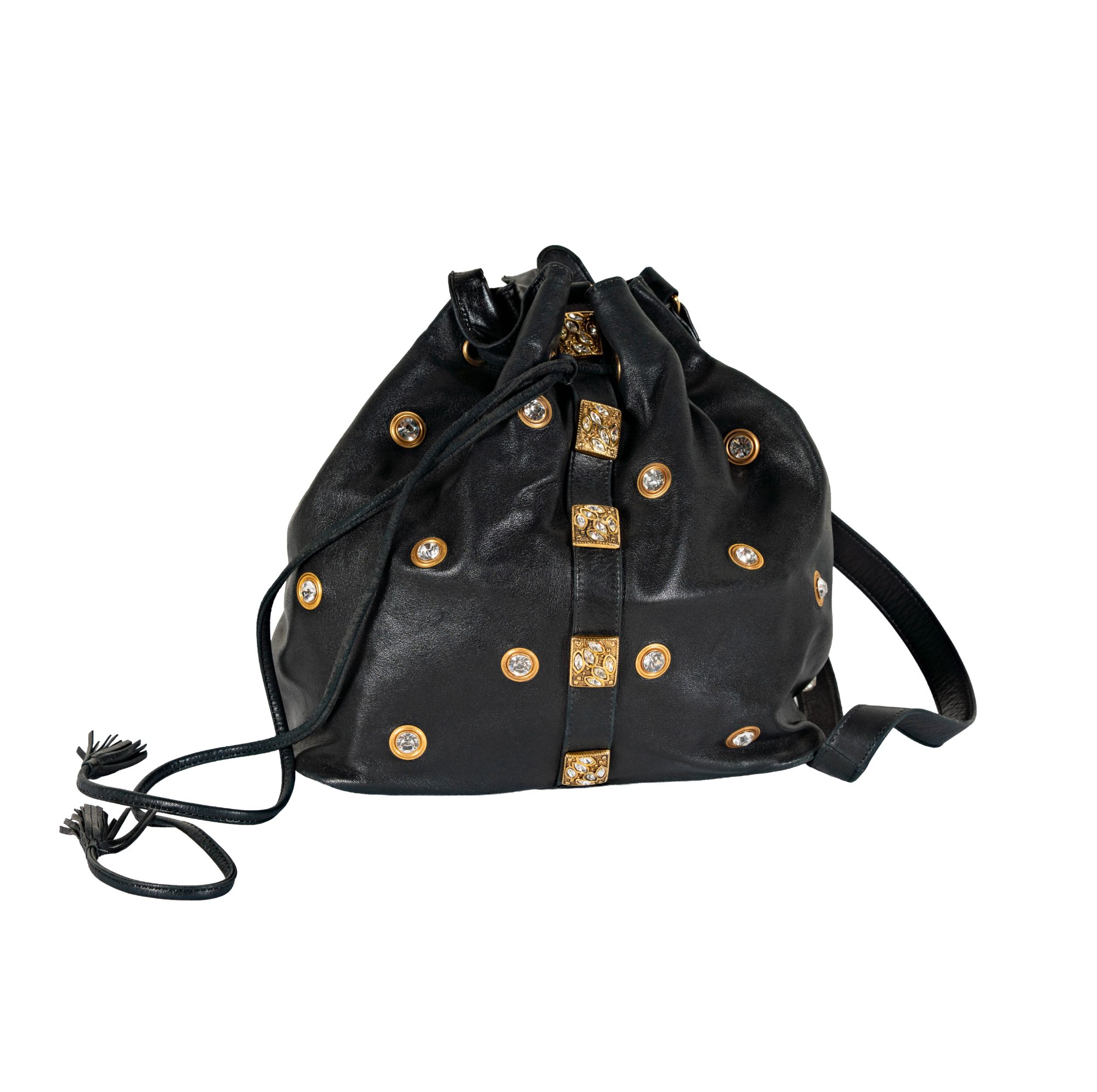 Sepcoeur Black Leather and Rhinestone Bucket Bag